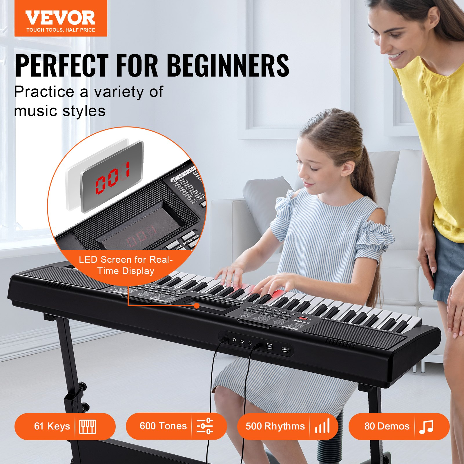 Start2Finish VEVOR 61-key digital keyboard piano with lighted keys, built-in speakers, sustain pedal, headphones, and USB MIDI.