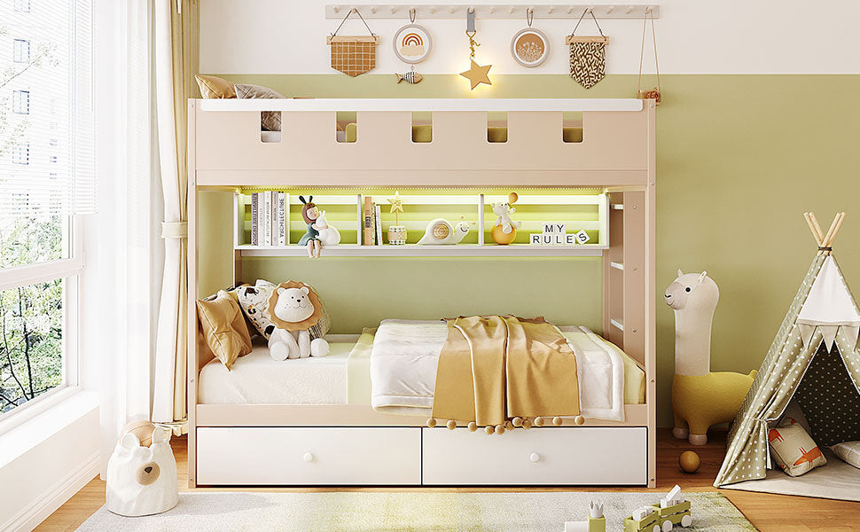 Start2Finish twin white and antique pink solid wood bunk bed with drawers and shelves, ideal for bedroom or guest room.