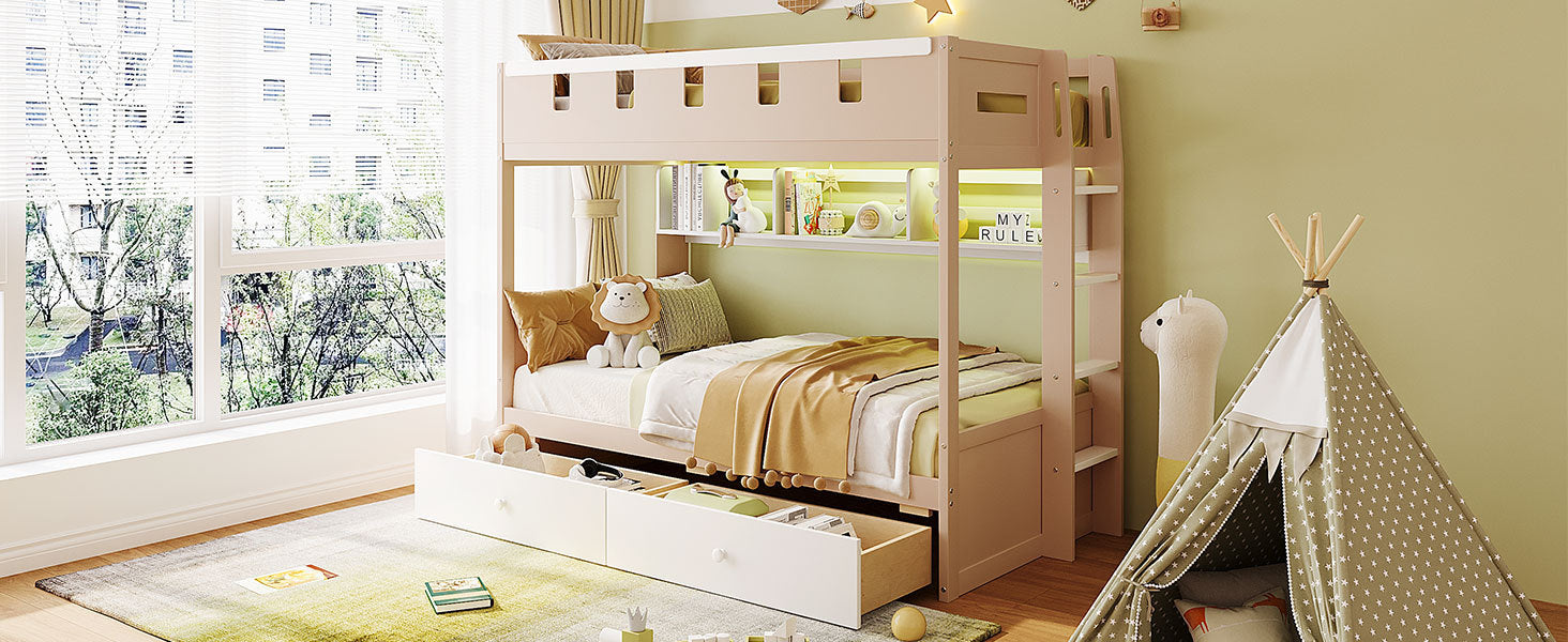 White and antique pink solid wood bunk bed with drawers and shelves, ideal for bedroom or guest room by Start2Finish.