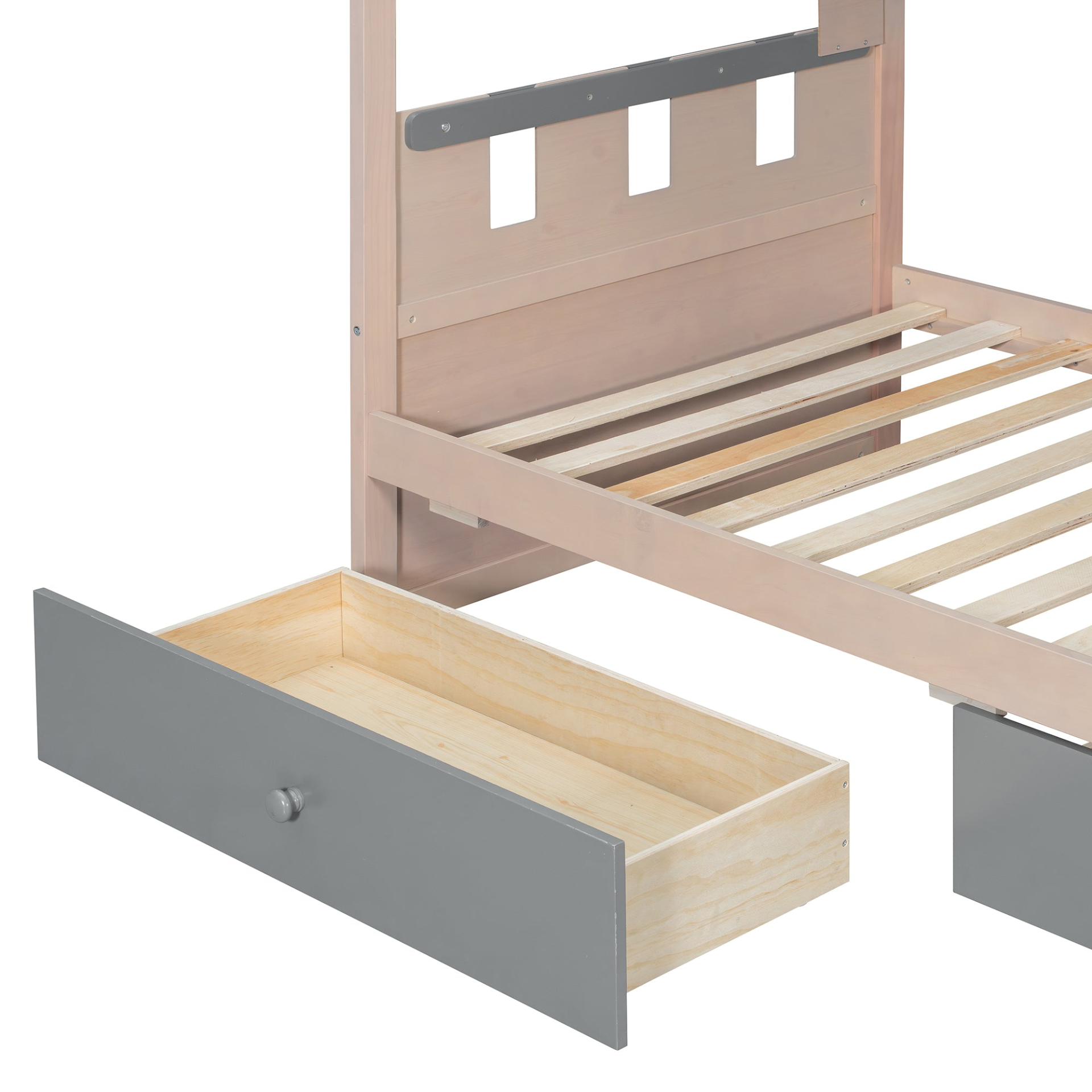 Start2Finish white and antique pink twin bunk bed in solid wood with drawers and shelves for bedroom or guest room.