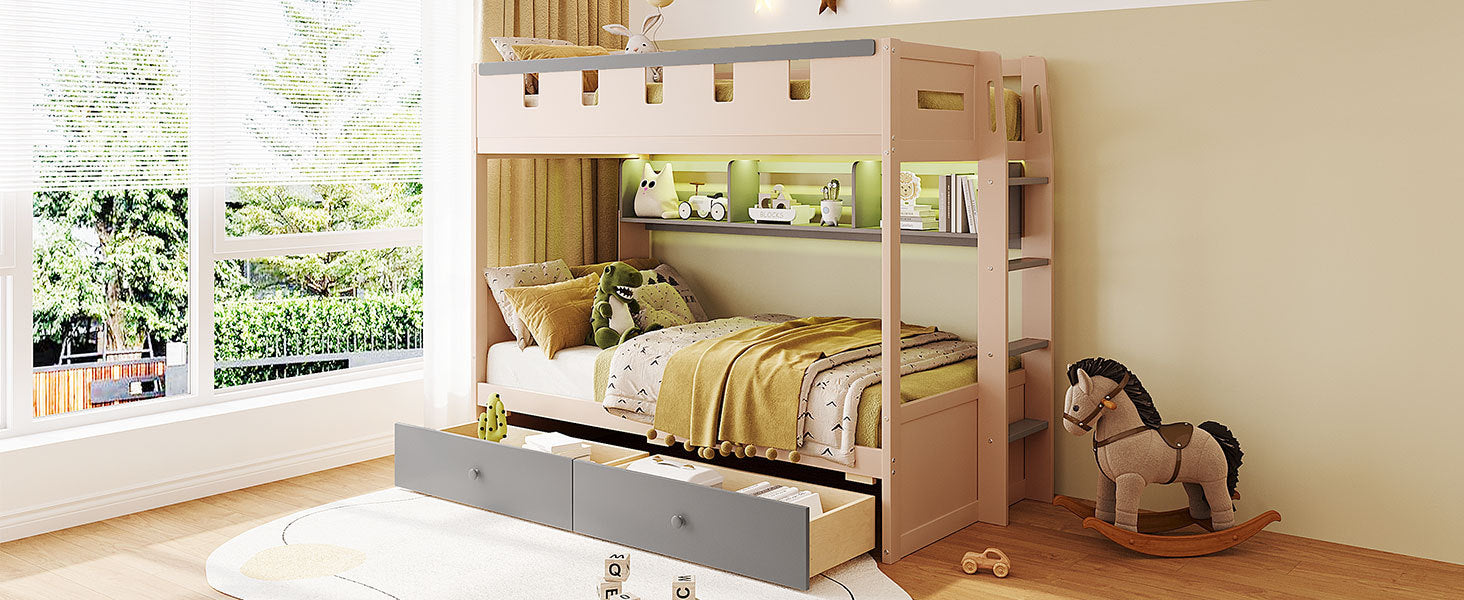 White and antique pink solid wood twin bunk bed with drawers and shelves from Start2Finish, ideal for bedroom or guest room.