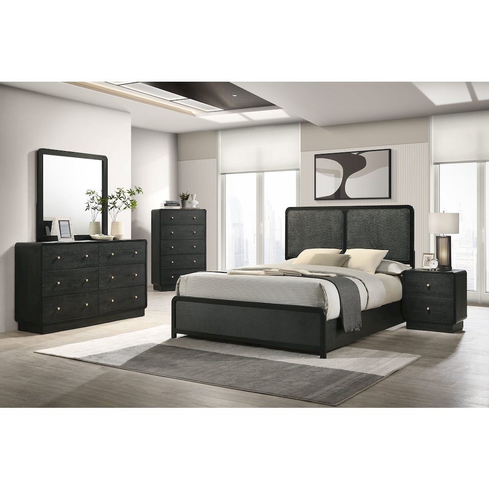 Start2Finish Cavelle 51-inch black upholstered queen bed with padded headboard and sleek frame, shown in a modern bedroom setting.