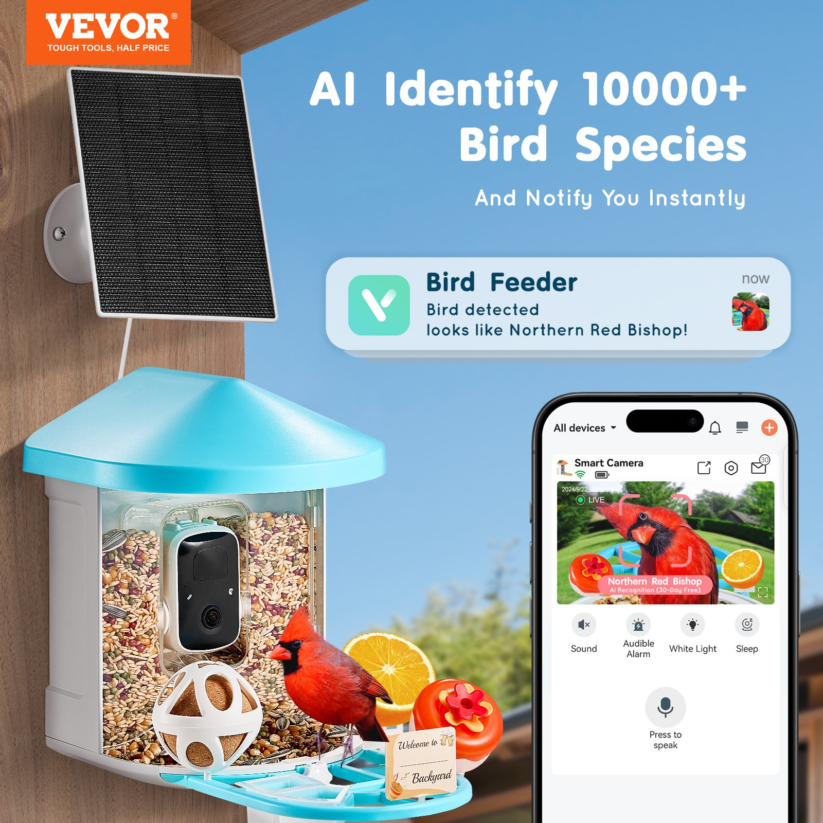 Start2Finish VEVOR smart bird feeder with camera showing green solar-powered outdoor birdwatching device with camera and bird images