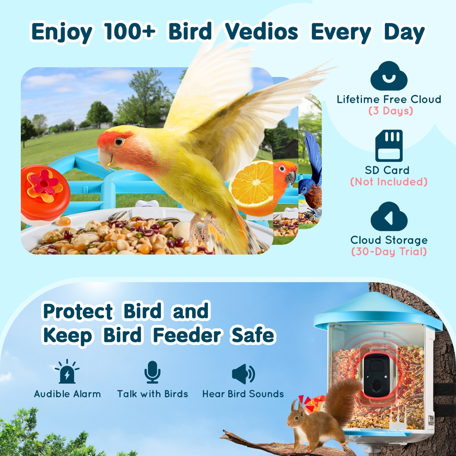 Start2Finish VEVOR smart bird feeder with camera, green solar-powered outdoor bird watching device showing bird images and camera lens.