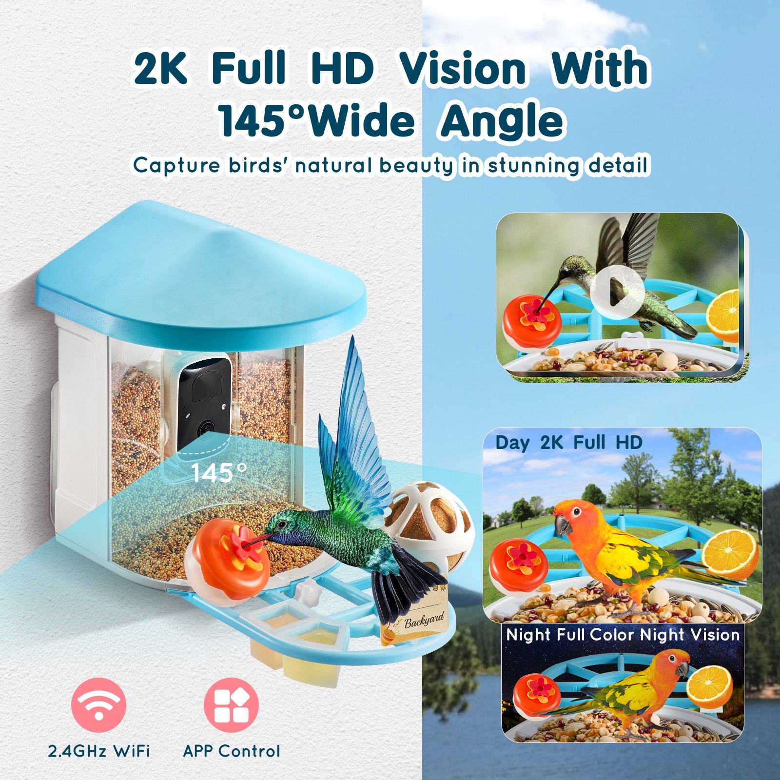 Start2Finish VEVOR smart bird feeder with camera showing green outdoor feed station, 2K HD camera, and bird watching features.