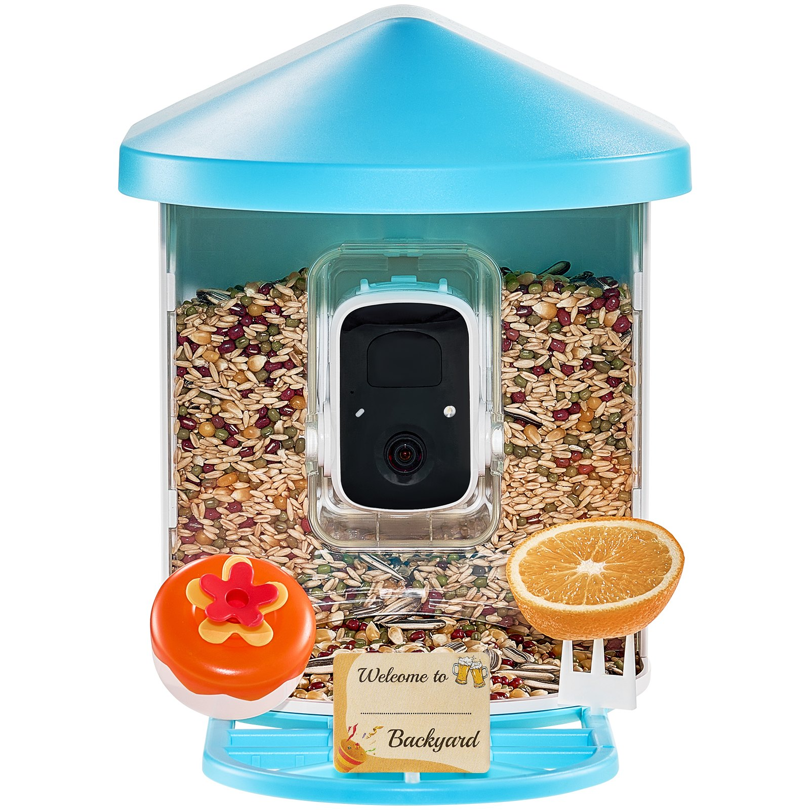 Start2Finish VEVOR Smart Bird Feeder with camera showing green outdoor design, 2K HD lens, solar panel, and bird watching features.