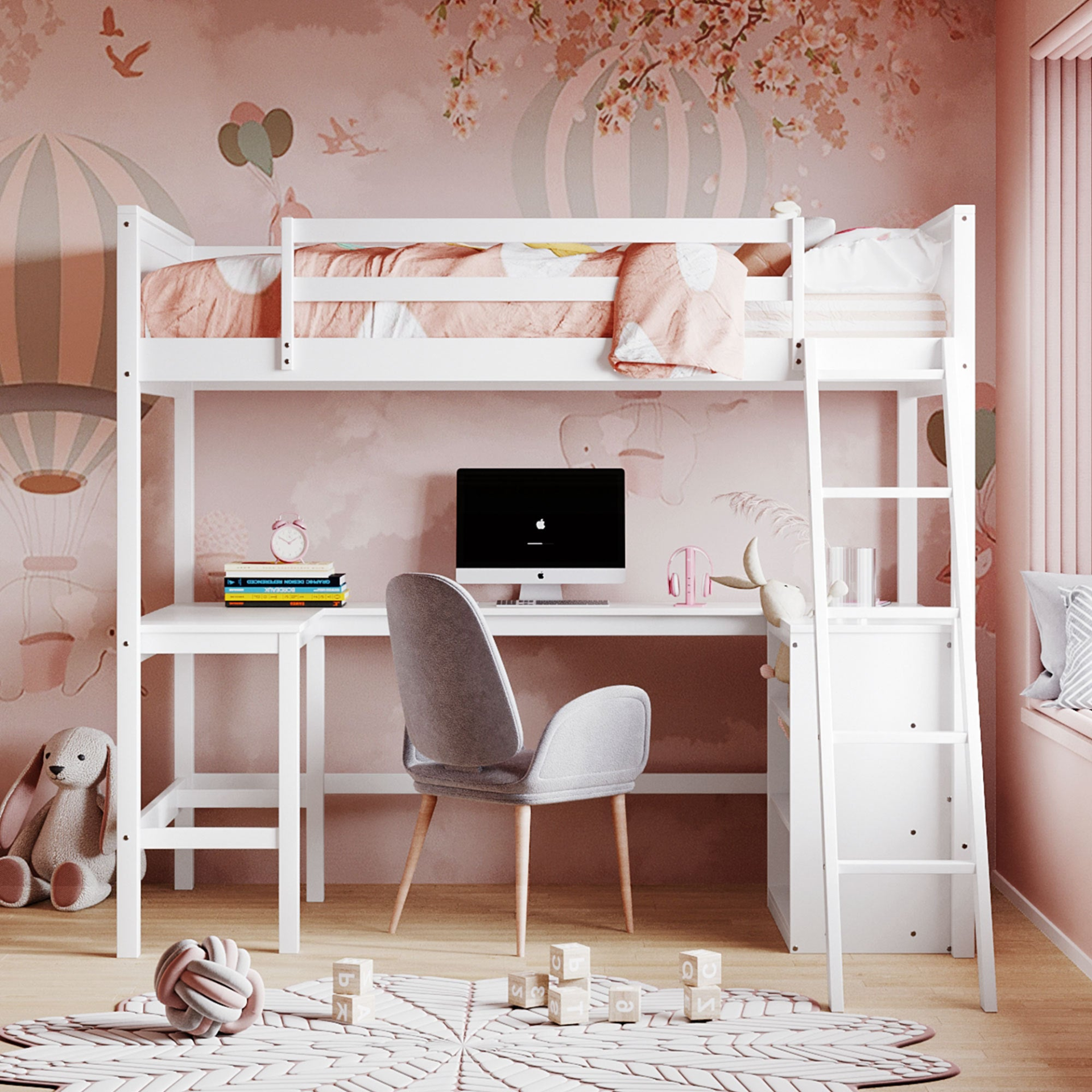Twin size solid wood loft bed with built-in desk and shelves, ideal for bedroom or study space, by Start2Finish.