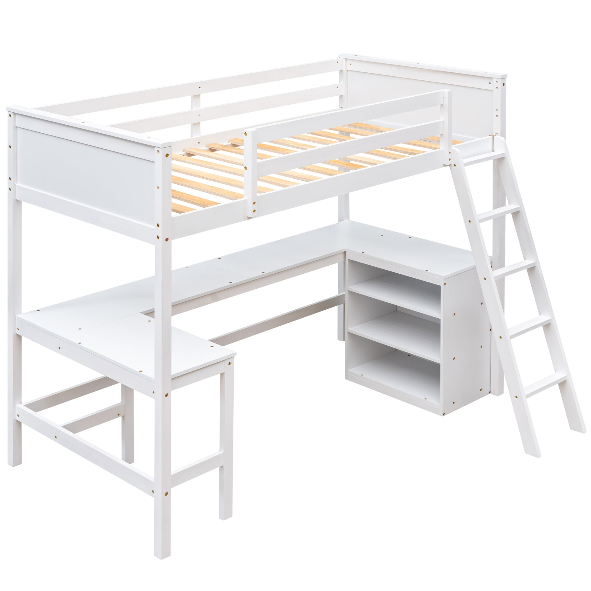 Twin size loft bed by Start2Finish with solid wood frame, integrated shelves, and built-in desk for bedroom or study space.