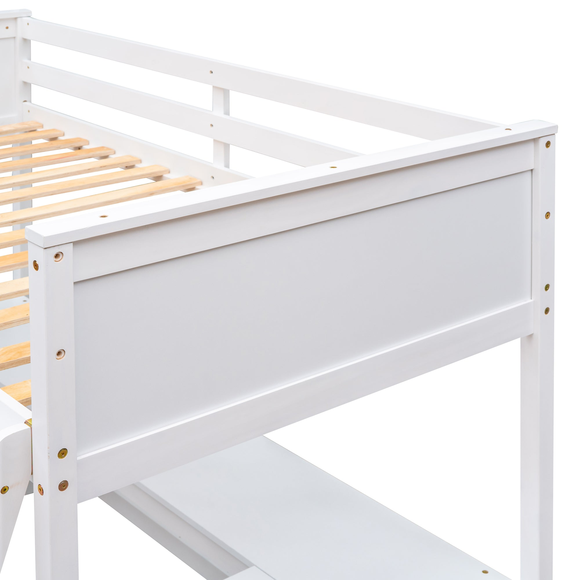 Twin size solid wood loft bed with shelves and built-in desk by Start2Finish, ideal for bedroom or study space.