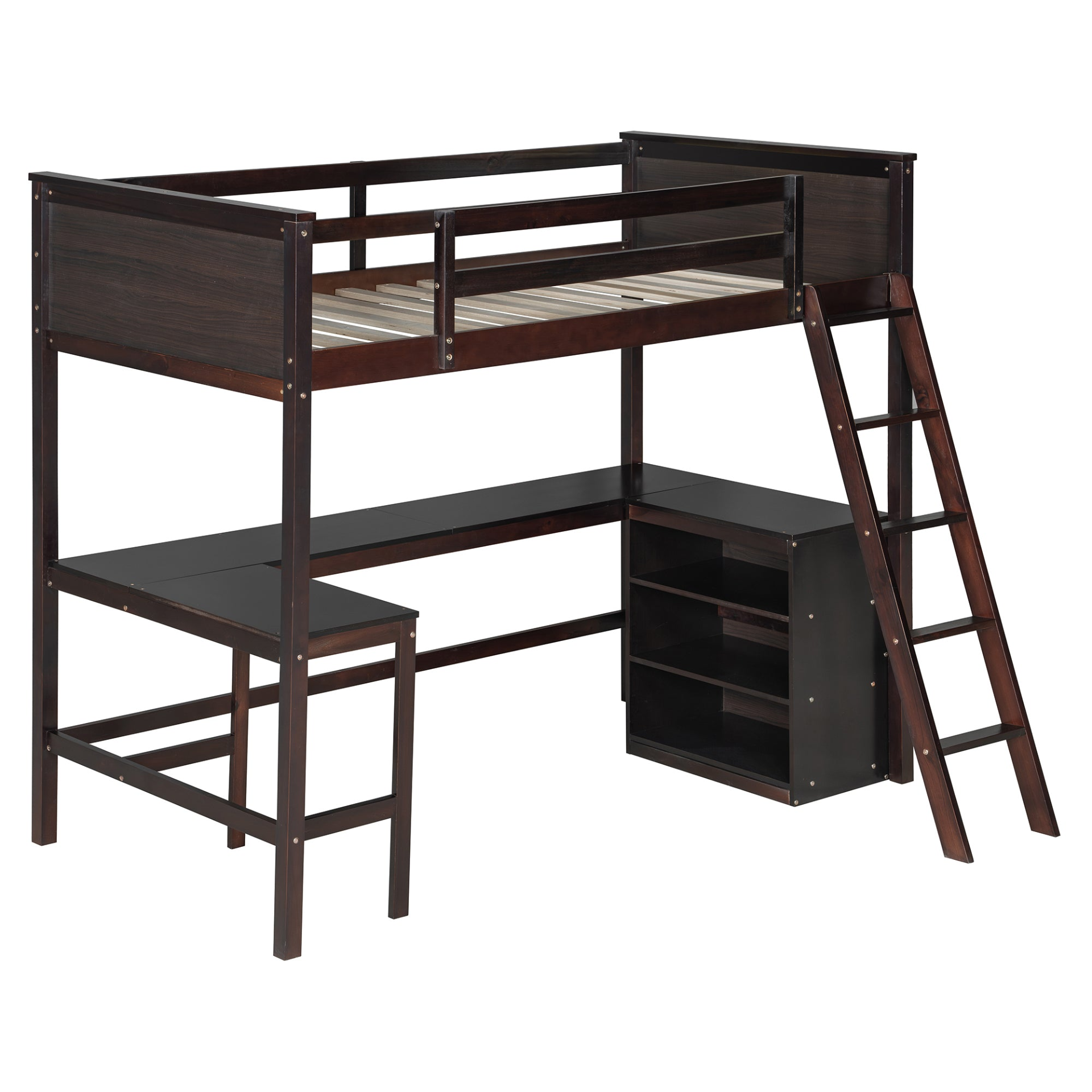 Twin size solid wood loft bed with built-in desk and shelves, ideal for bedroom or study space by Start2Finish
