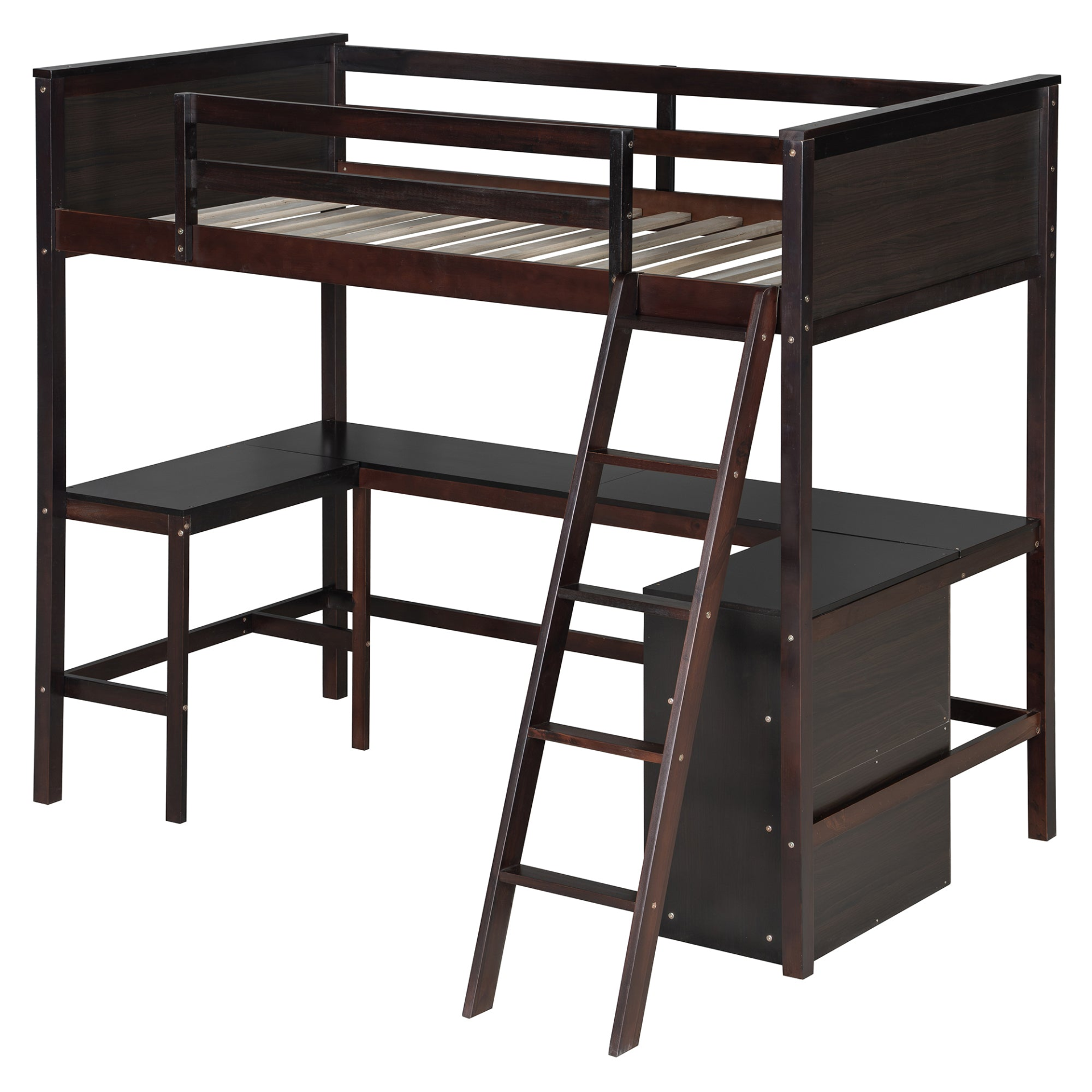 Twin size solid wood loft bed with built-in desk and shelves, ideal for bedroom or study space, by Start2Finish