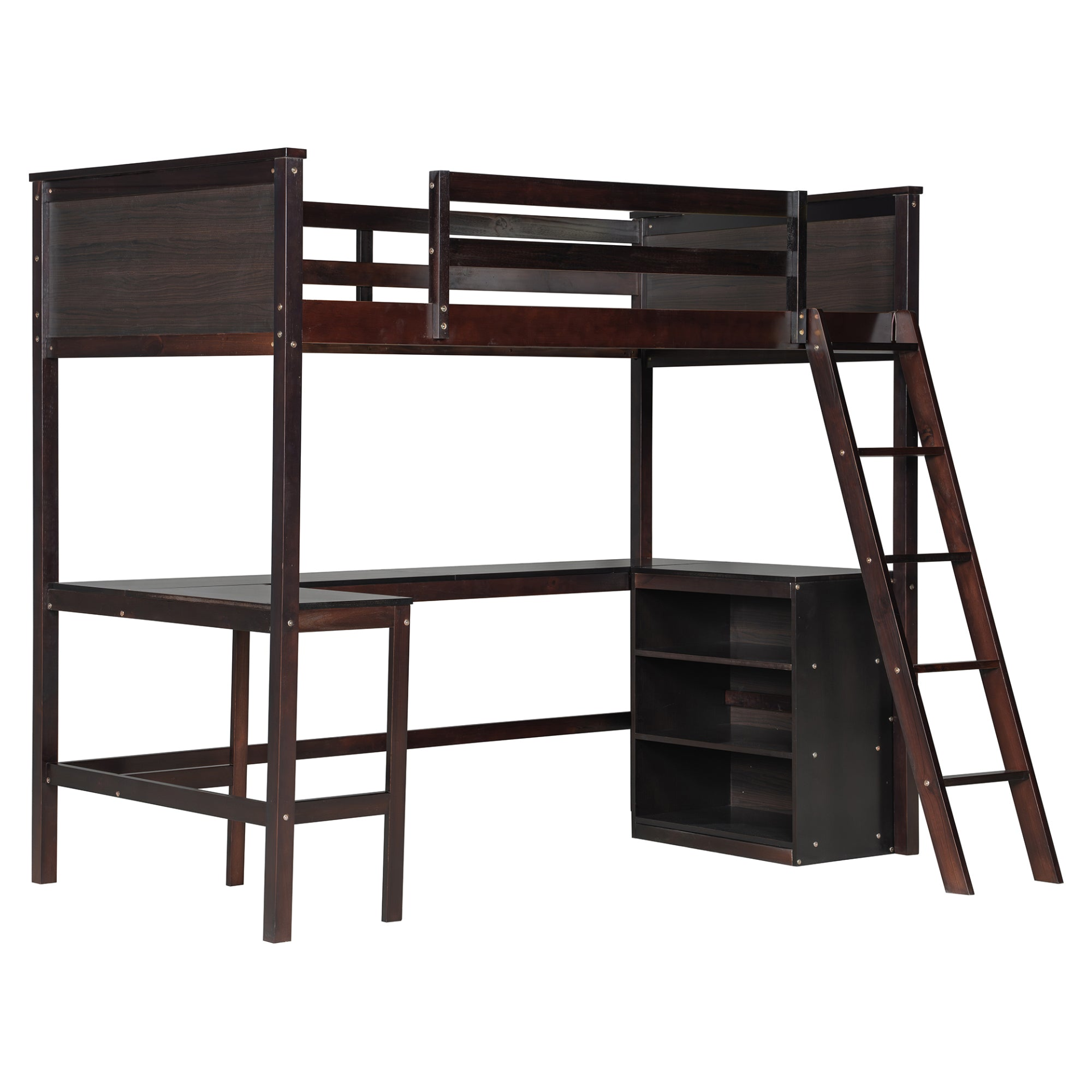 Twin size solid wood loft bed with built-in desk and shelves, ideal for bedroom or study space by Start2Finish