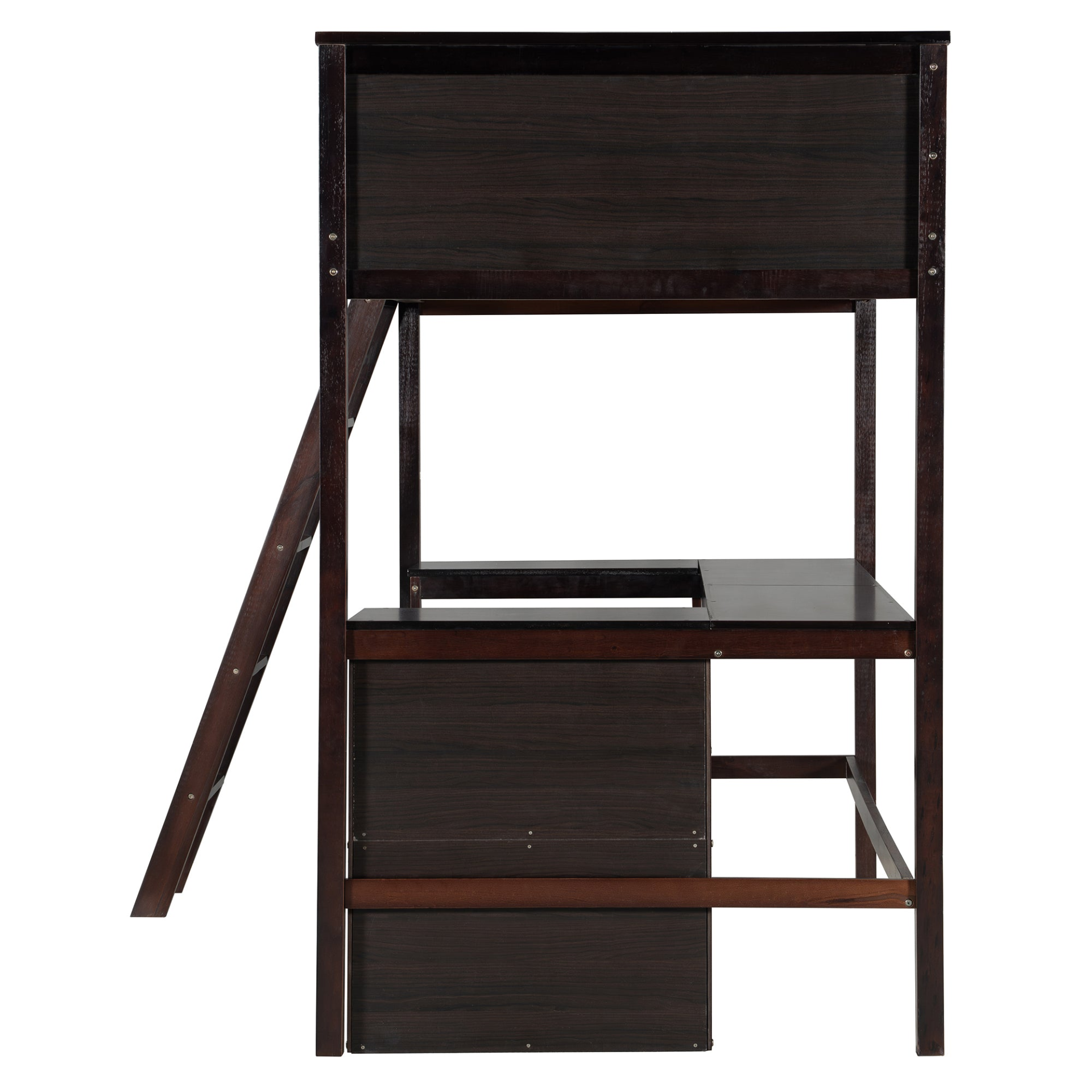 Twin size solid wood loft bed by Start2Finish with built-in desk and shelves, ideal for bedroom or study space.