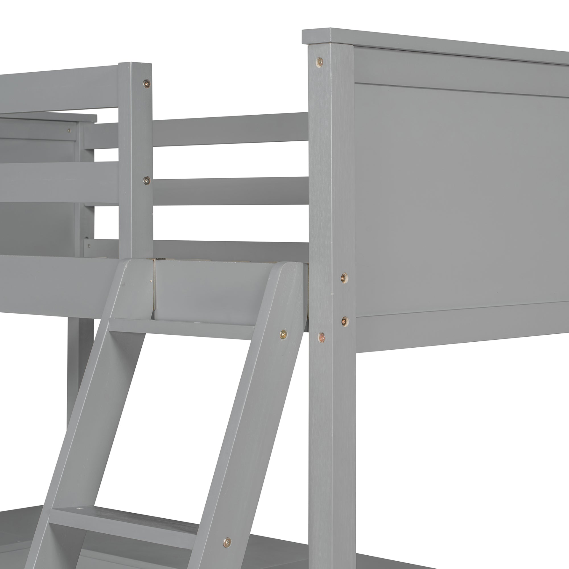 Twin size loft bed by Start2Finish with solid wood frame, integrated shelves and built-in desk for bedroom or study space.
