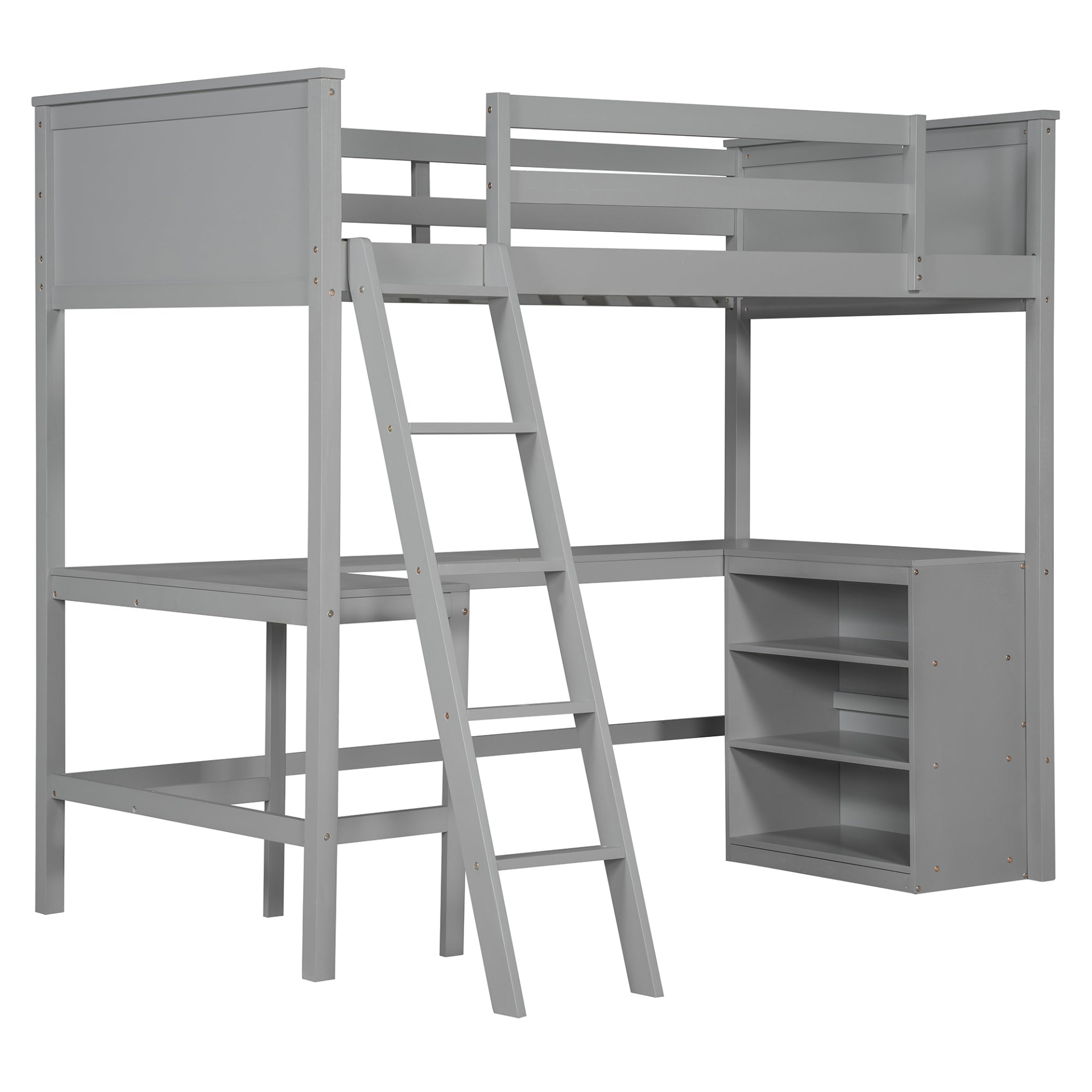 Twin size solid wood loft bed with shelves and built-in desk, ideal for bedroom or study space by Start2Finish