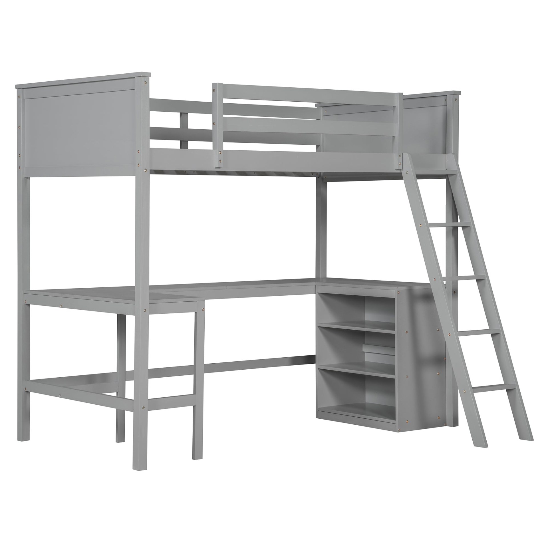 Twin size solid wood loft bed with built-in desk and shelves, ideal for bedroom or study space by Start2Finish