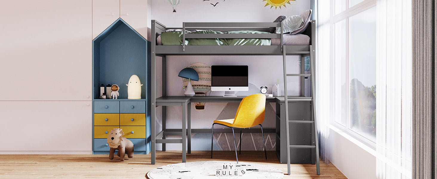 Twin size solid wood loft bed with built-in desk and shelves, ideal for bedrooms or study spaces, by Start2Finish.
