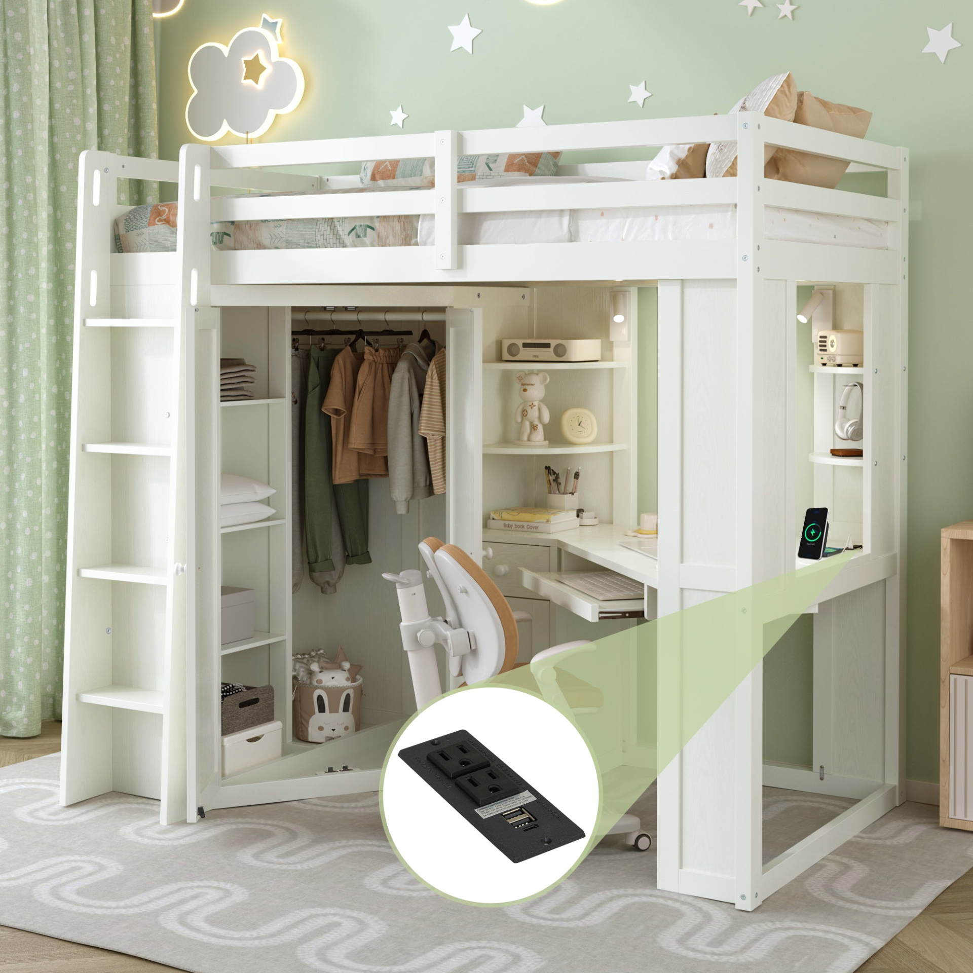 Twin size wooden loft bed by Start2Finish with built-in desk and wardrobe storage, ideal for bedroom or study space.