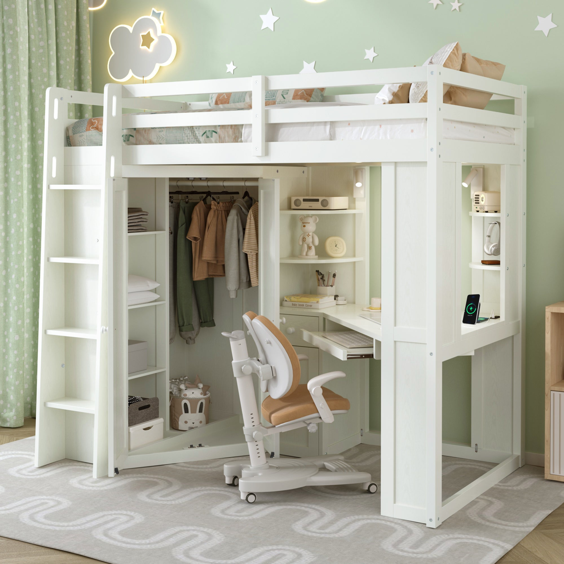 Twin size wooden loft bed by Start2Finish with built-in desk and wardrobe storage for bedroom or study space.