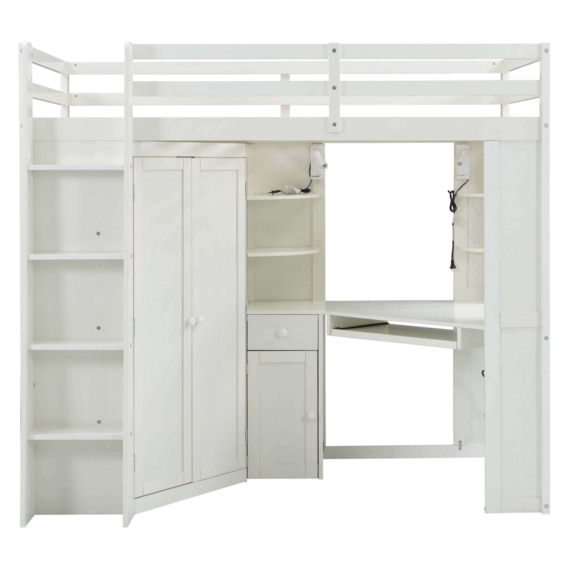Twin size wooden loft bed by Start2Finish with built-in desk and wardrobe storage, ideal for bedroom or study space.