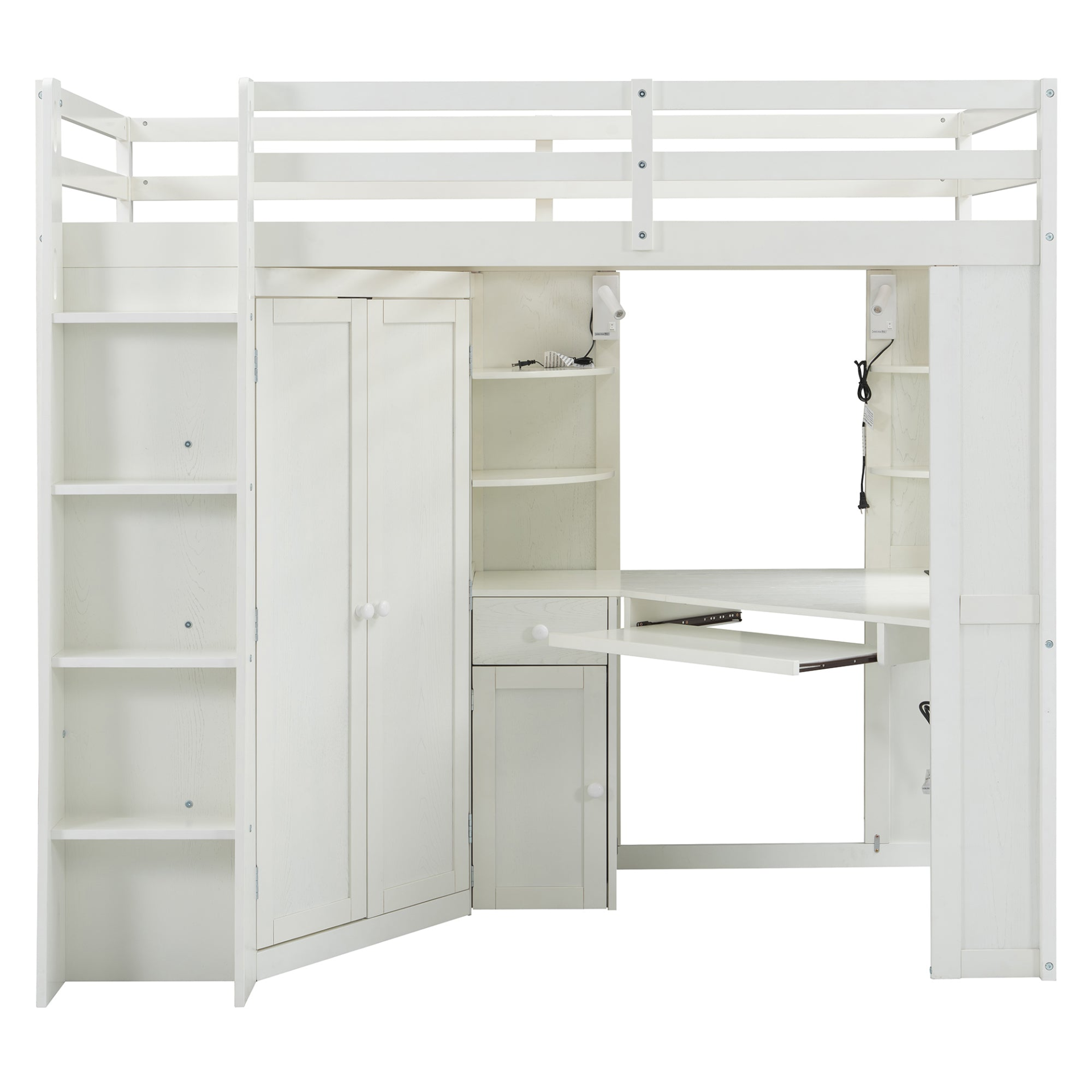 Twin size wooden loft bed with built-in desk and wardrobe storage from Start2Finish, ideal for bedroom or study space.