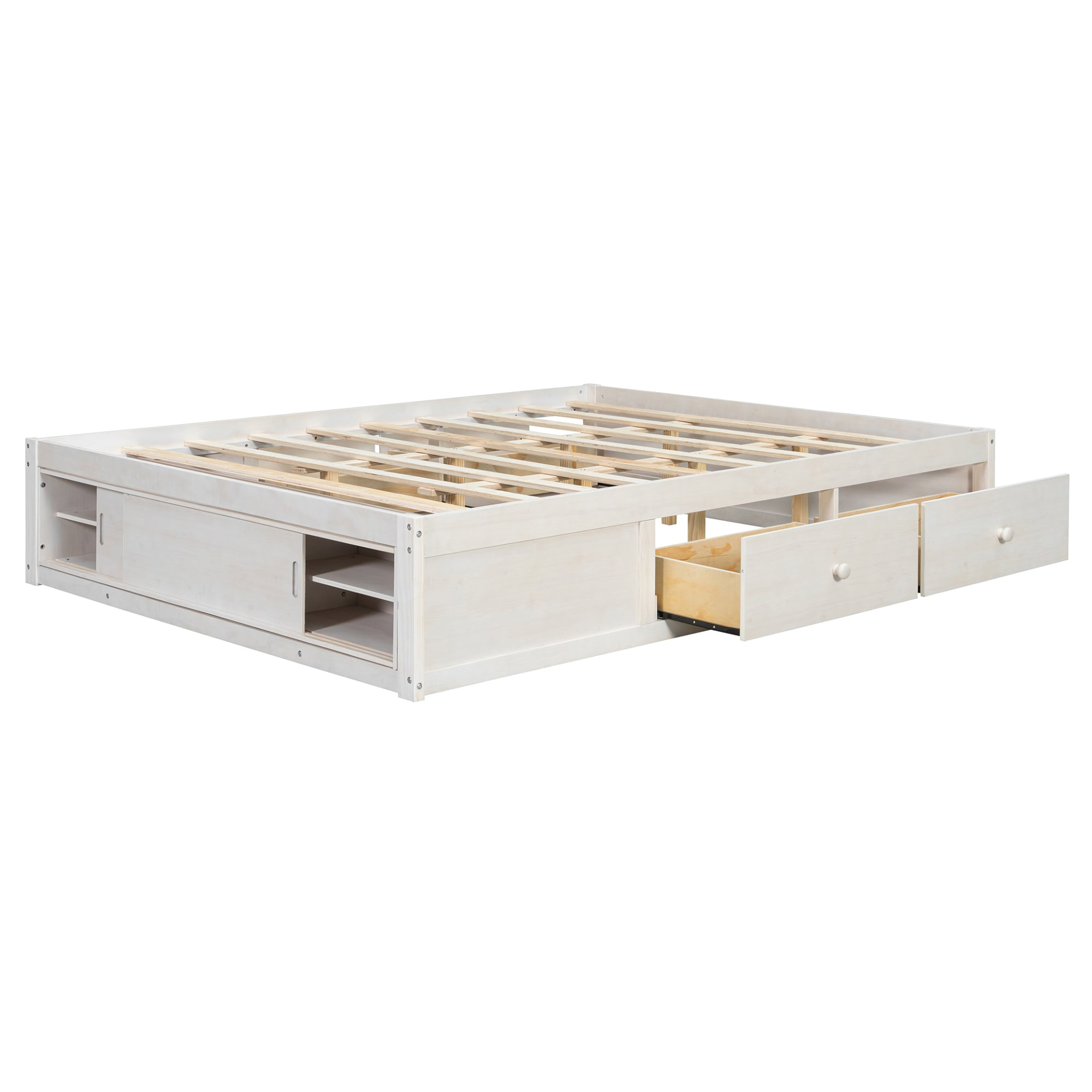 Solid wood and MDF platform bed frame with storage drawers, cubby footboard, and headboard, ideal for bedroom or guest room decor.