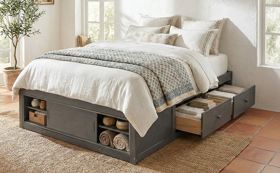 Start2Finish platform bed frame with solid wood and MDF, featuring four storage drawers, footboard cubby, and headboard for bedroom use.