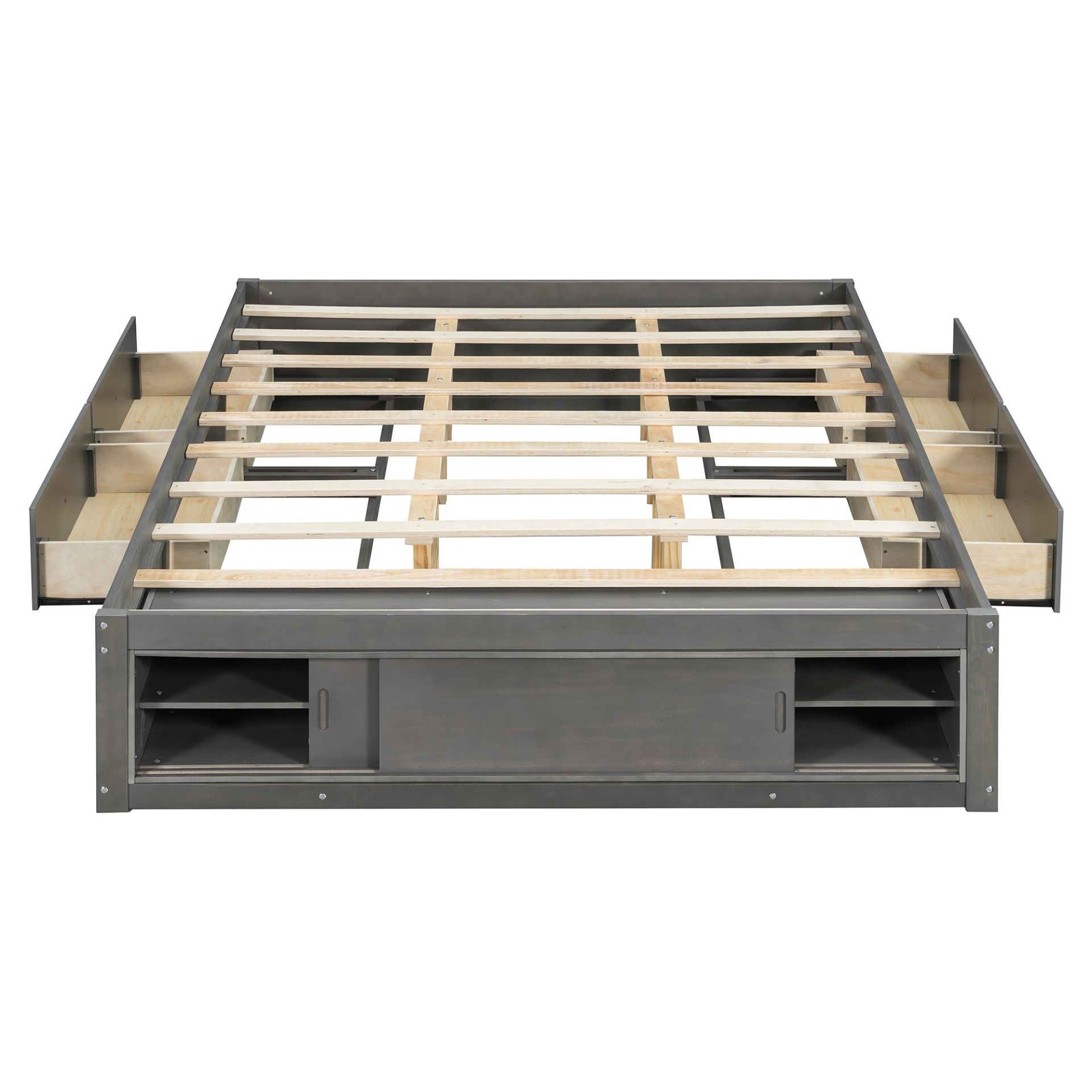 Start2Finish platform bed frame in solid wood and MDF with four storage drawers, footboard cubby, and headboard for bedroom.