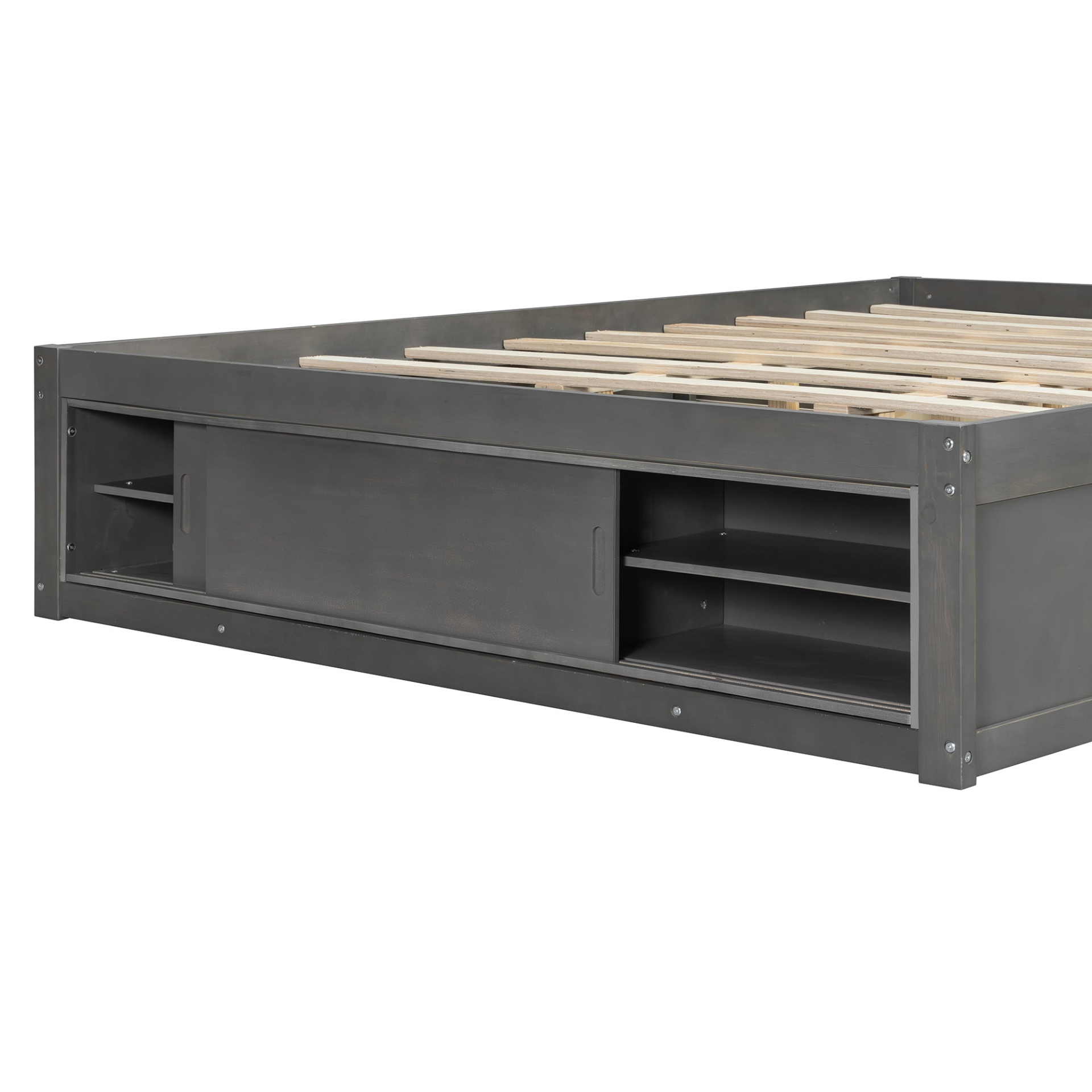 Start2Finish platform bed frame made of solid wood and MDF with four storage drawers, footboard cubby, and upholstered headboard.