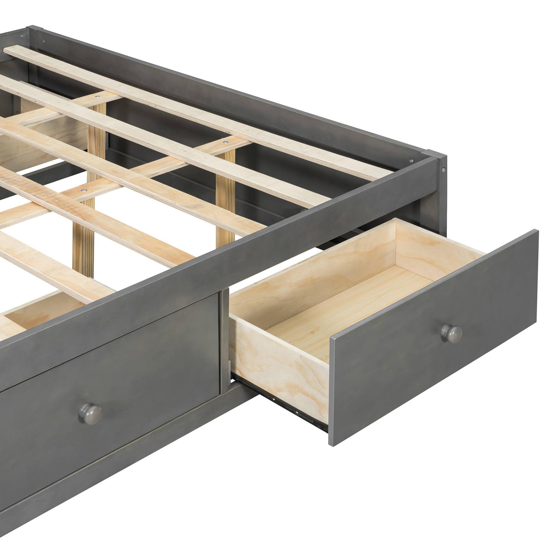 Solid wood platform bed frame by Start2Finish with four storage drawers, footboard cubby, and upholstered headboard for bedroom.