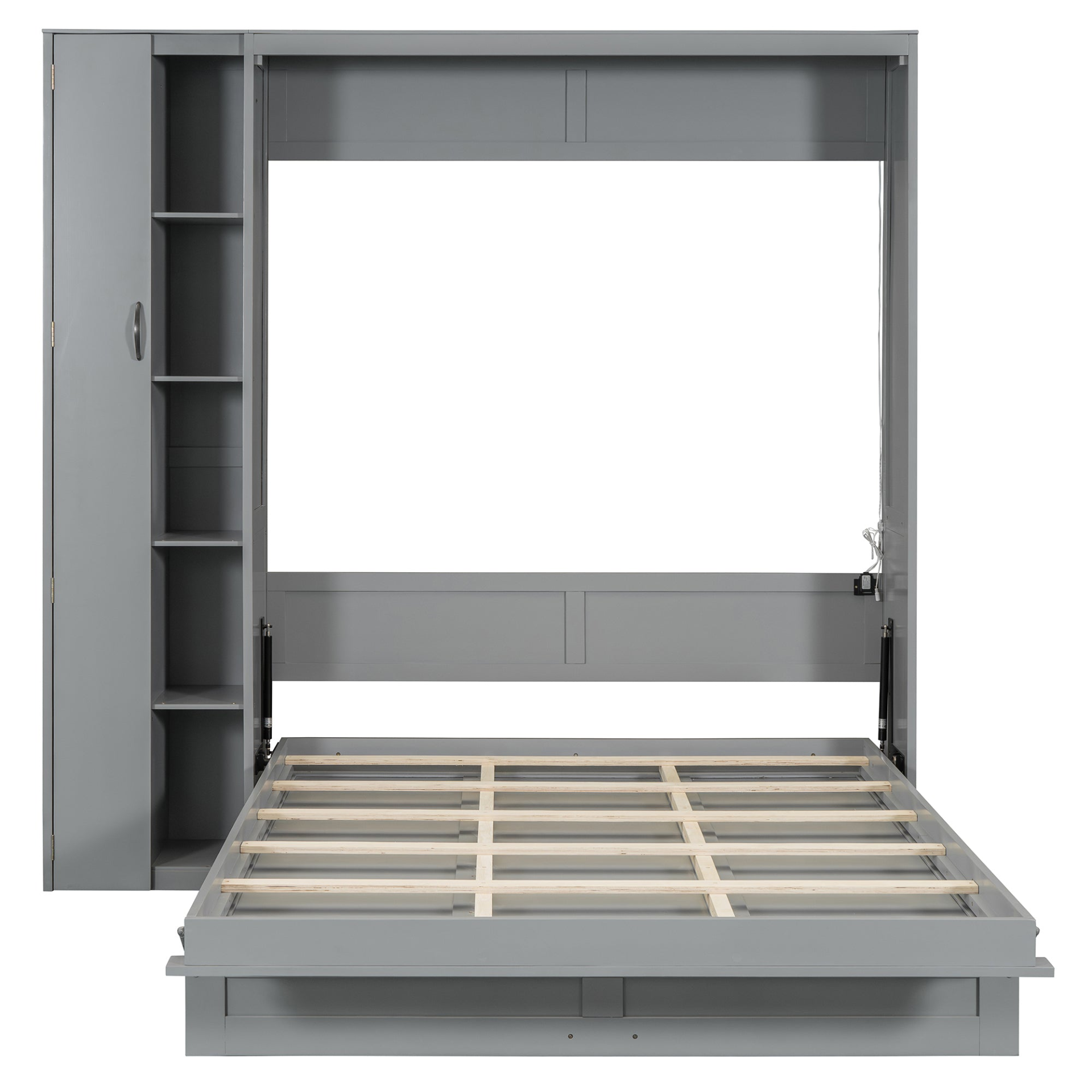Start2Finish Murphy queen wall bed with shelves, wardrobe storage, MDF and LVL construction, featuring integrated LED lighting.