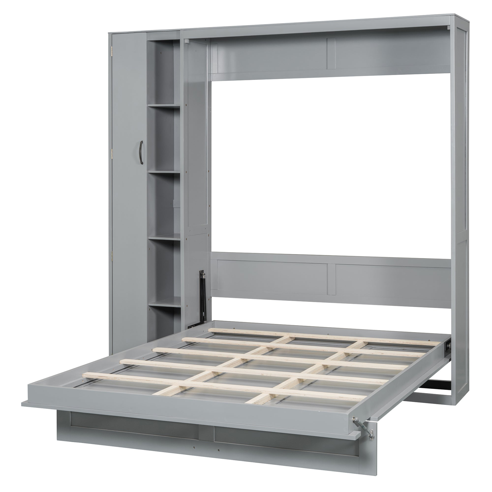Murphy wall bed in queen size with shelves, wardrobe storage, and LED lighting, made of MDF and LVL for bedroom or home office