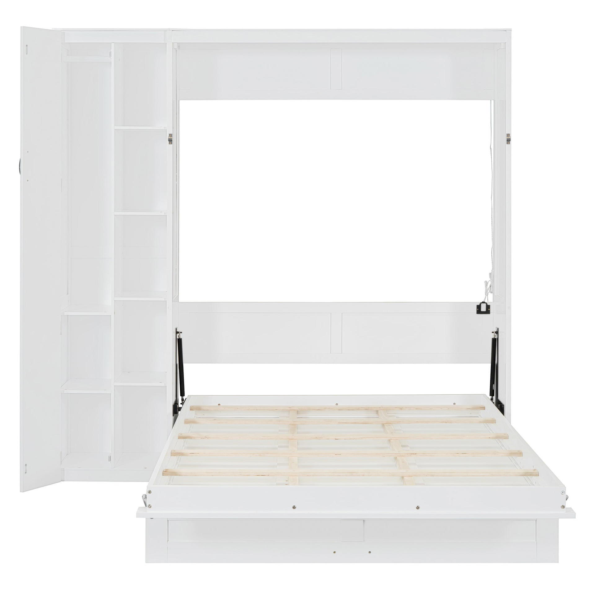 Start2Finish Murphy wall bed in queen size with shelves, wardrobe storage, and built-in LED light for bedroom or home office.