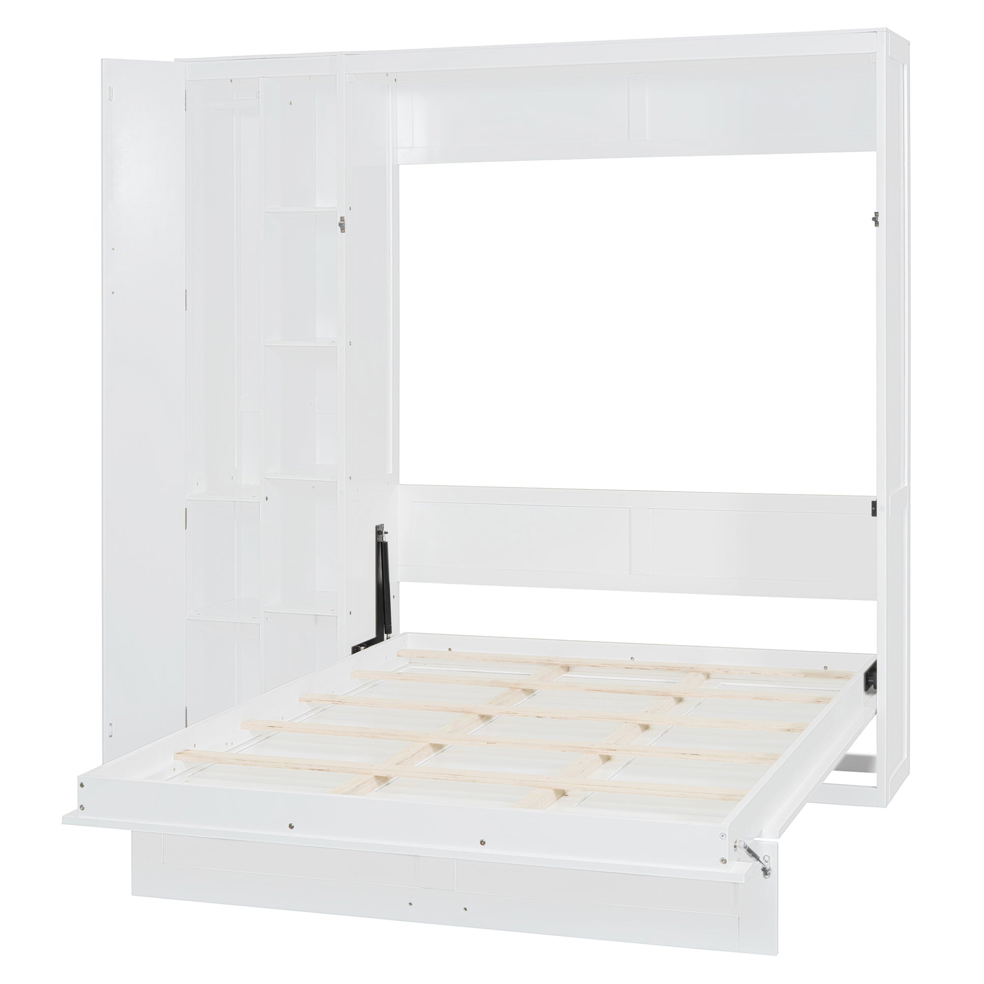Start2Finish Murphy Queen Wall Bed with shelves, wardrobe storage, and LED light for bedroom or home office space.
