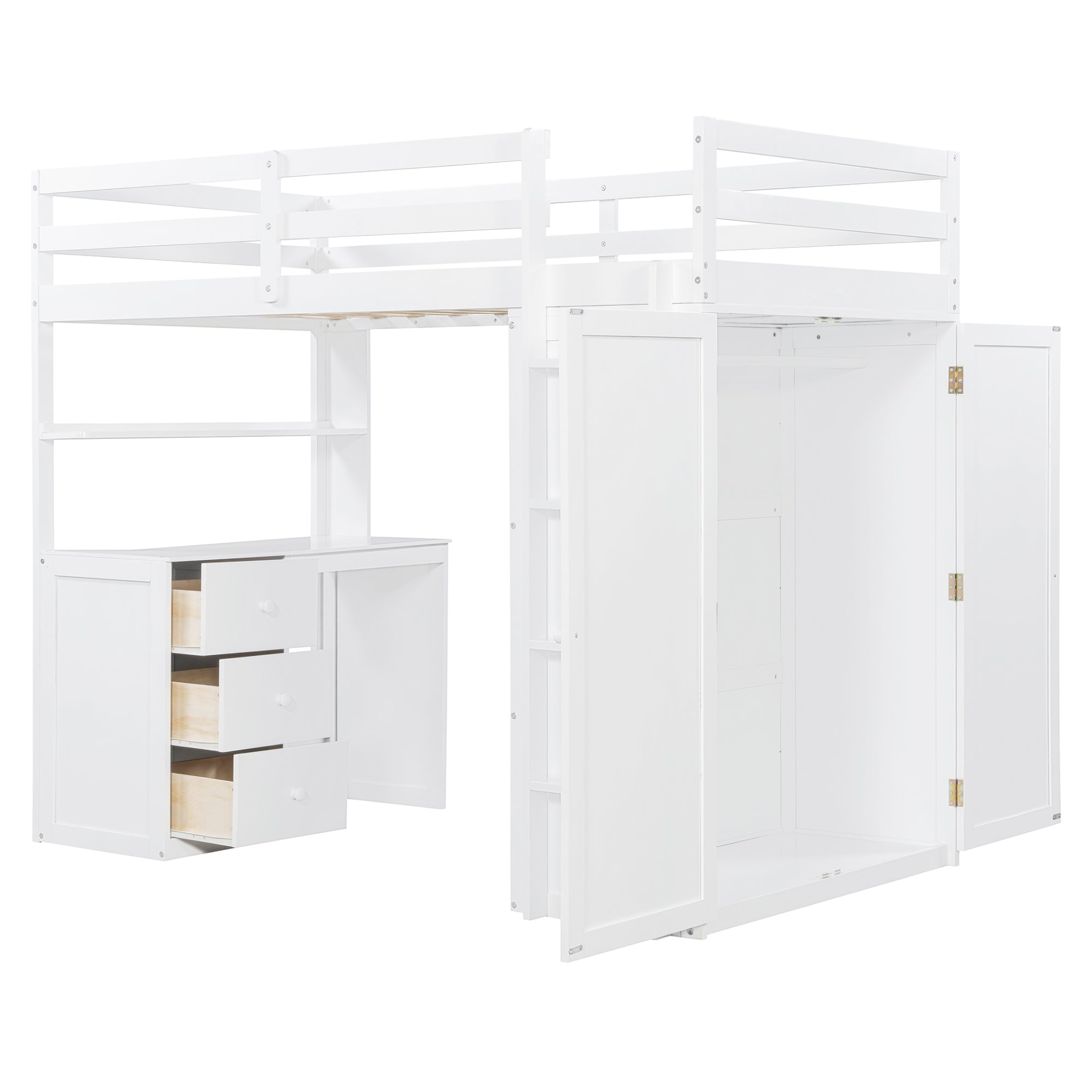 Twin size solid wood loft bed with built-in desk, drawers, and wardrobe storage, ideal for bedroom or study space by Start2Finish.