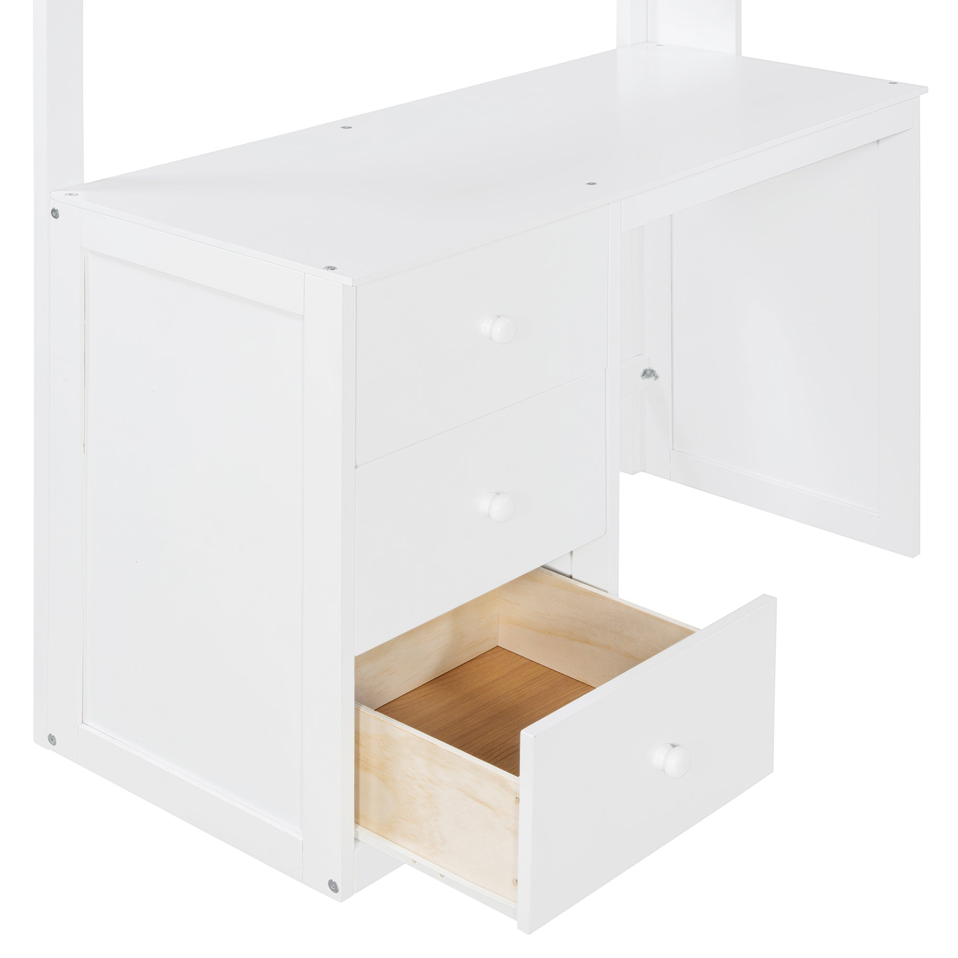 Twin size solid wood loft bed by Start2Finish with built-in desk, drawers, and wardrobe storage for bedroom or study space.