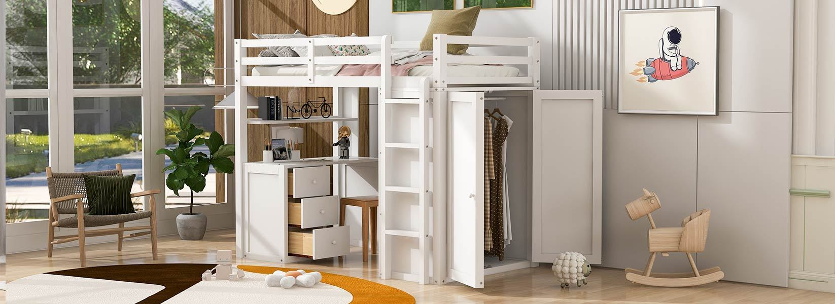 Twin size loft bed by Start2Finish with solid wood frame, built-in desk, drawers, and wardrobe storage for bedroom or study space.