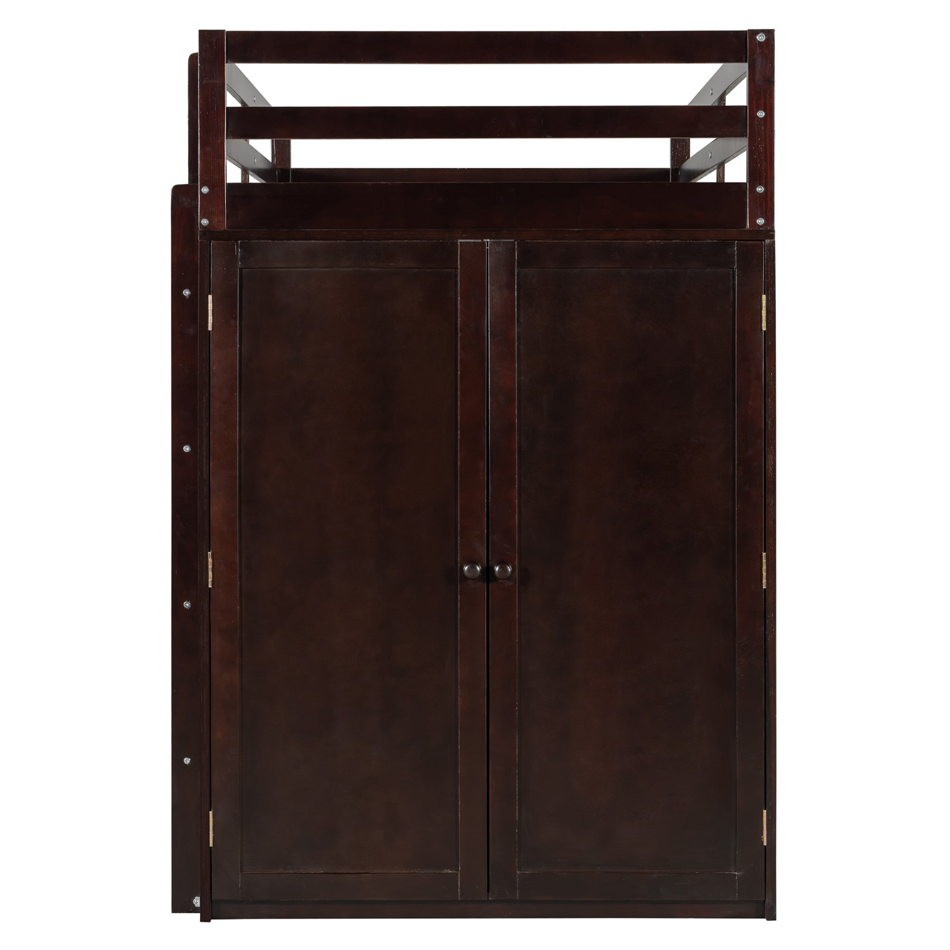 Twin size loft bed by Start2Finish with solid wood frame, built-in desk, drawers, and wardrobe storage in a bedroom setting.