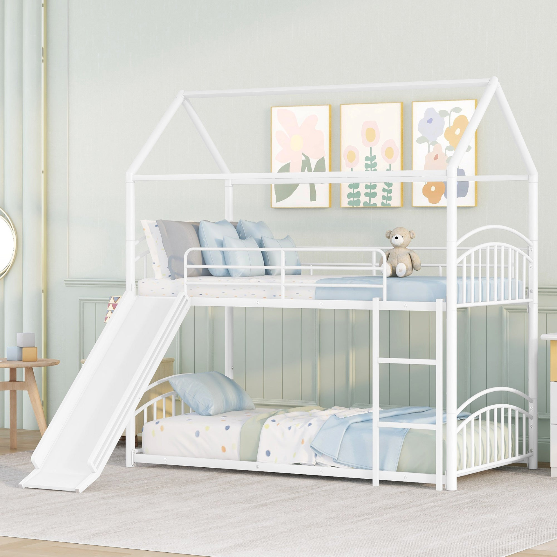 Metal twin over twin bunk bed with slide and house frame by Start2Finish, perfect for shared bedrooms or guest rooms.