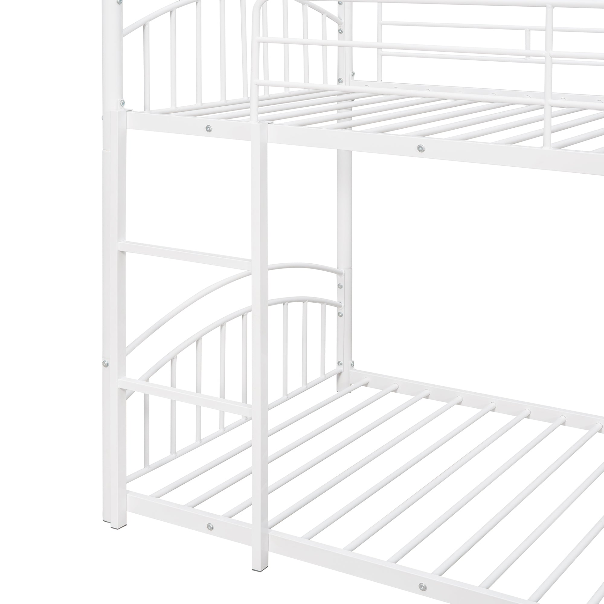 Start2Finish twin over twin metal bunk bed with slide and house frame, ideal for shared or guest bedrooms, shown with bedding and ladder