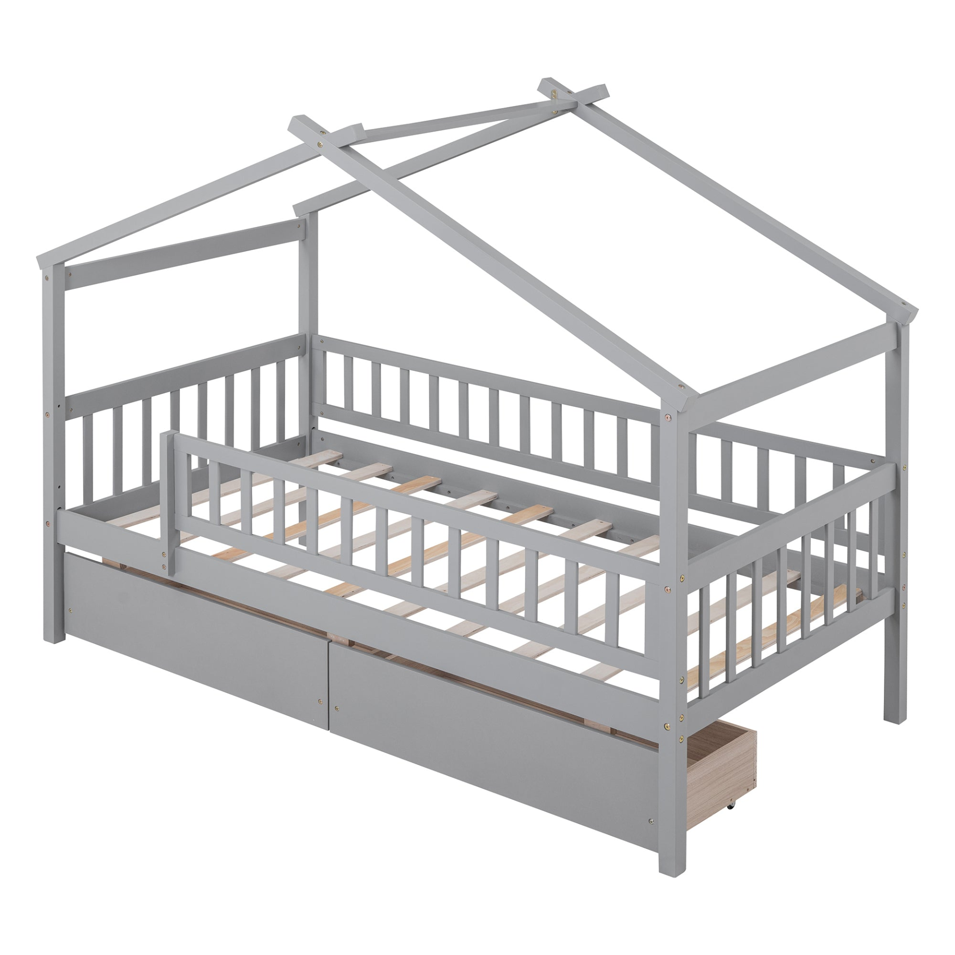 Twin size wooden house bed frame with built-in storage drawers, ideal for bedroom or guest room, by Start2Finish.