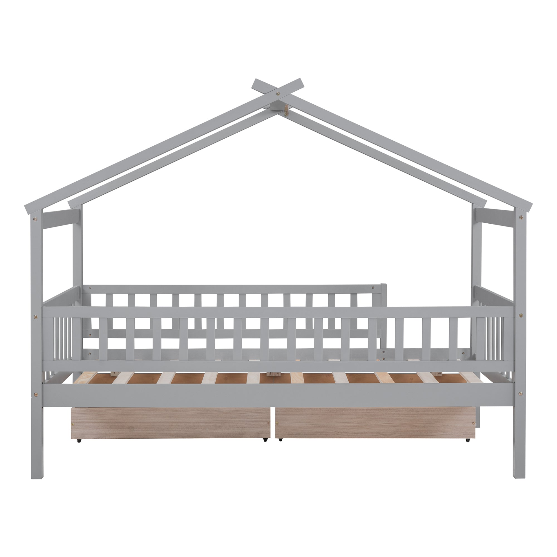 Twin size house bed frame by Start2Finish with wood design and two storage drawers, ideal for bedroom or guest room.