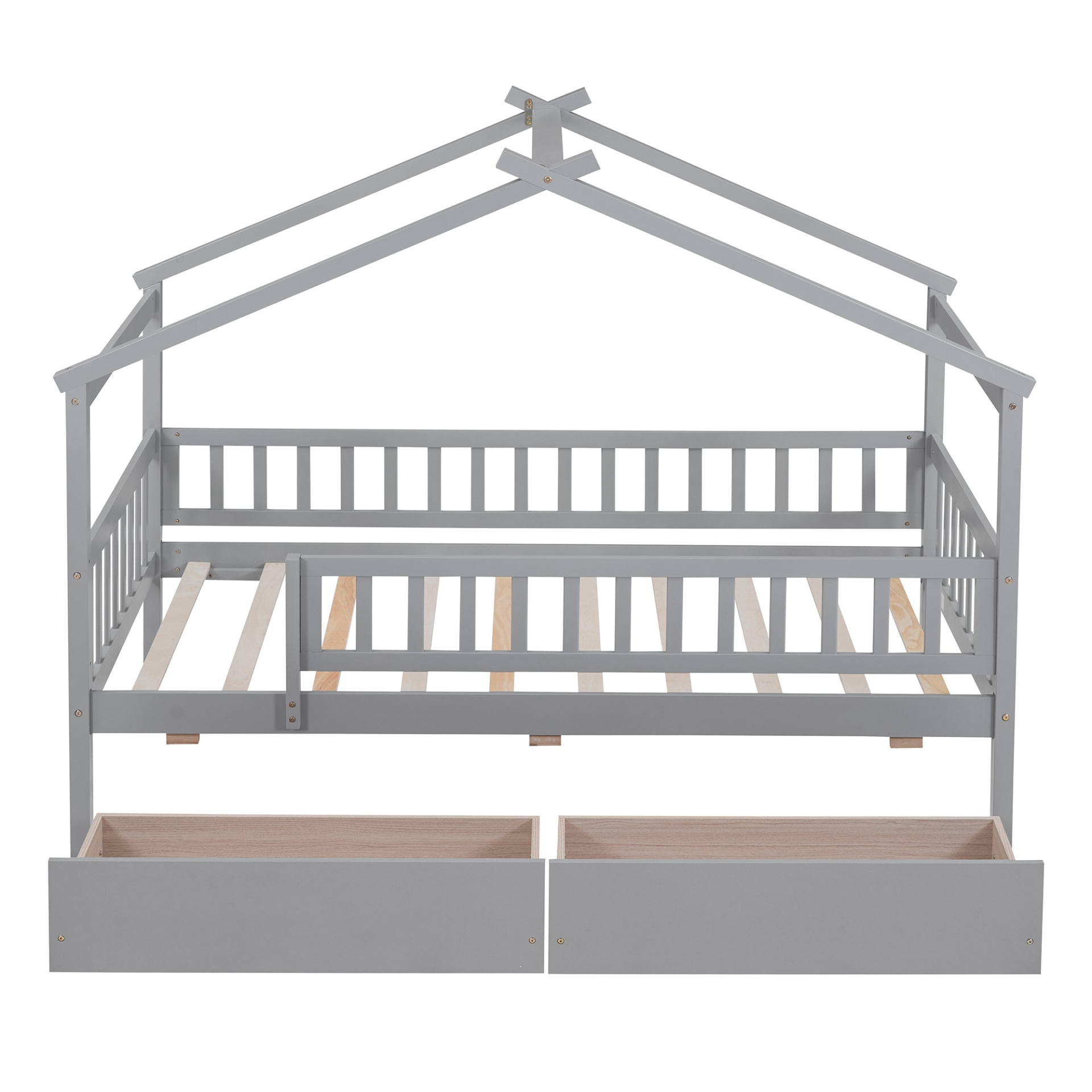 Twin size house bed frame by Start2Finish with wood finish and two storage drawers, ideal for bedroom or guest room.