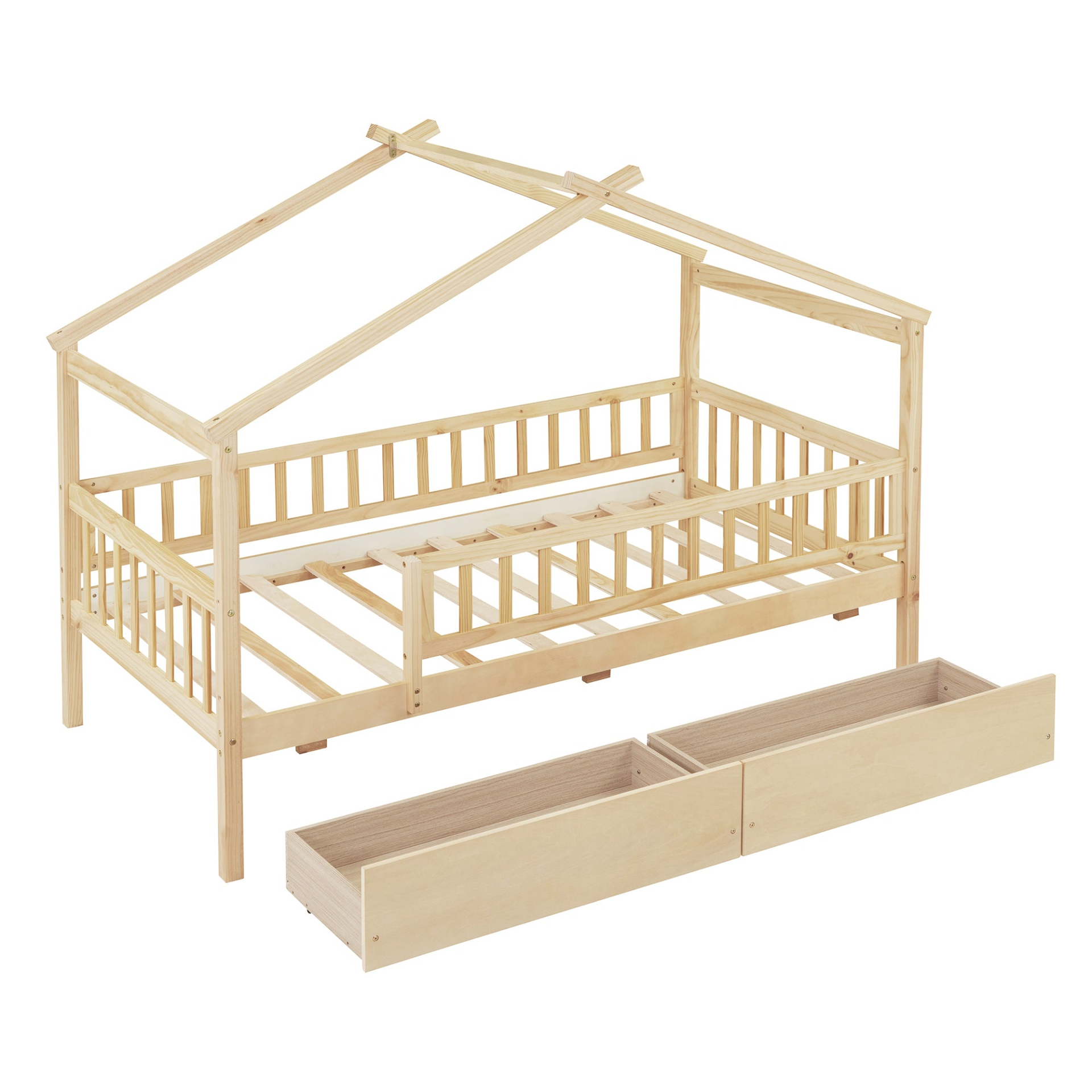 Twin size wooden house bed frame with two storage drawers, ideal for bedrooms or guest rooms, by Start2Finish.