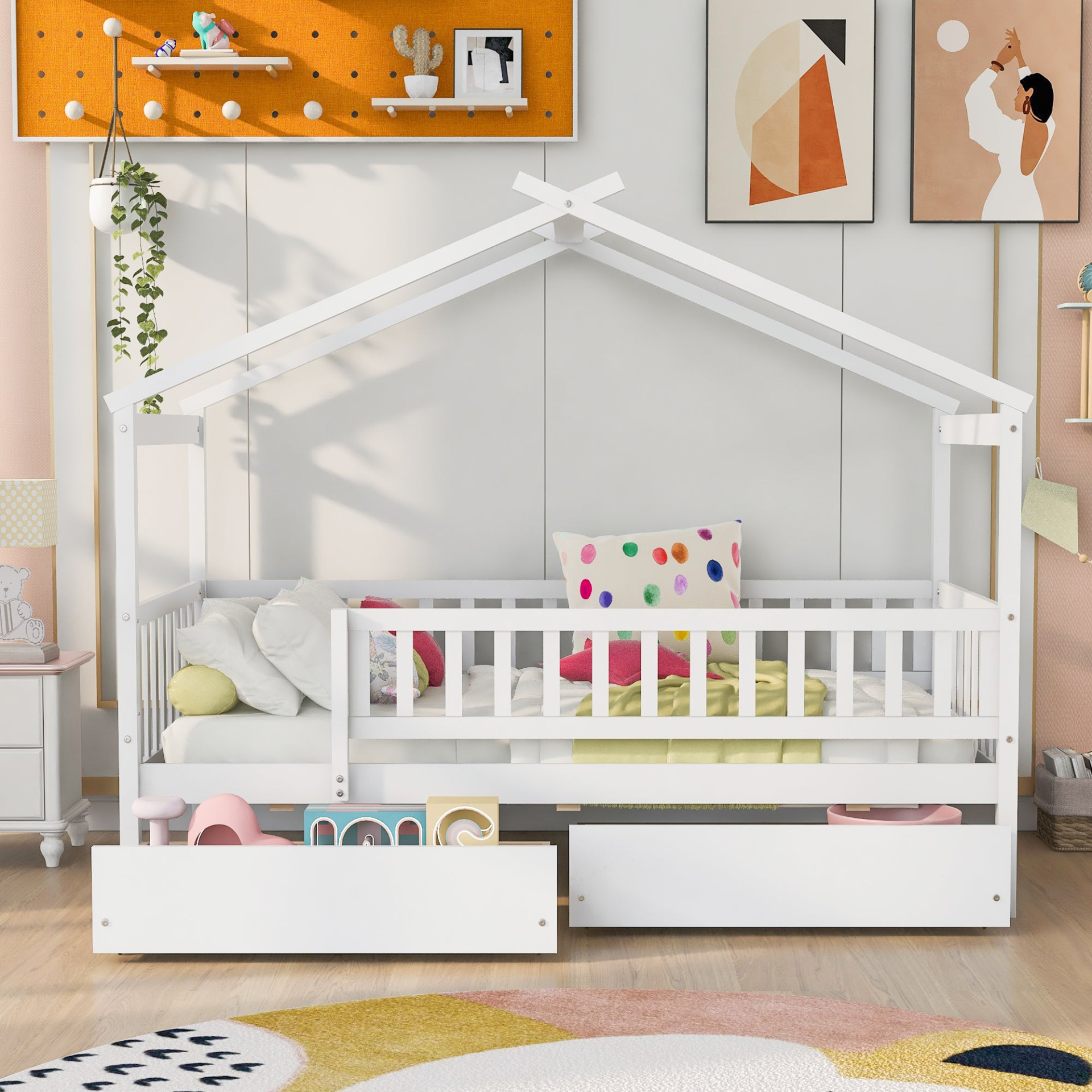 Twin size house bed frame by Start2Finish in wood with two storage drawers, ideal for bedroom or guest room decor.