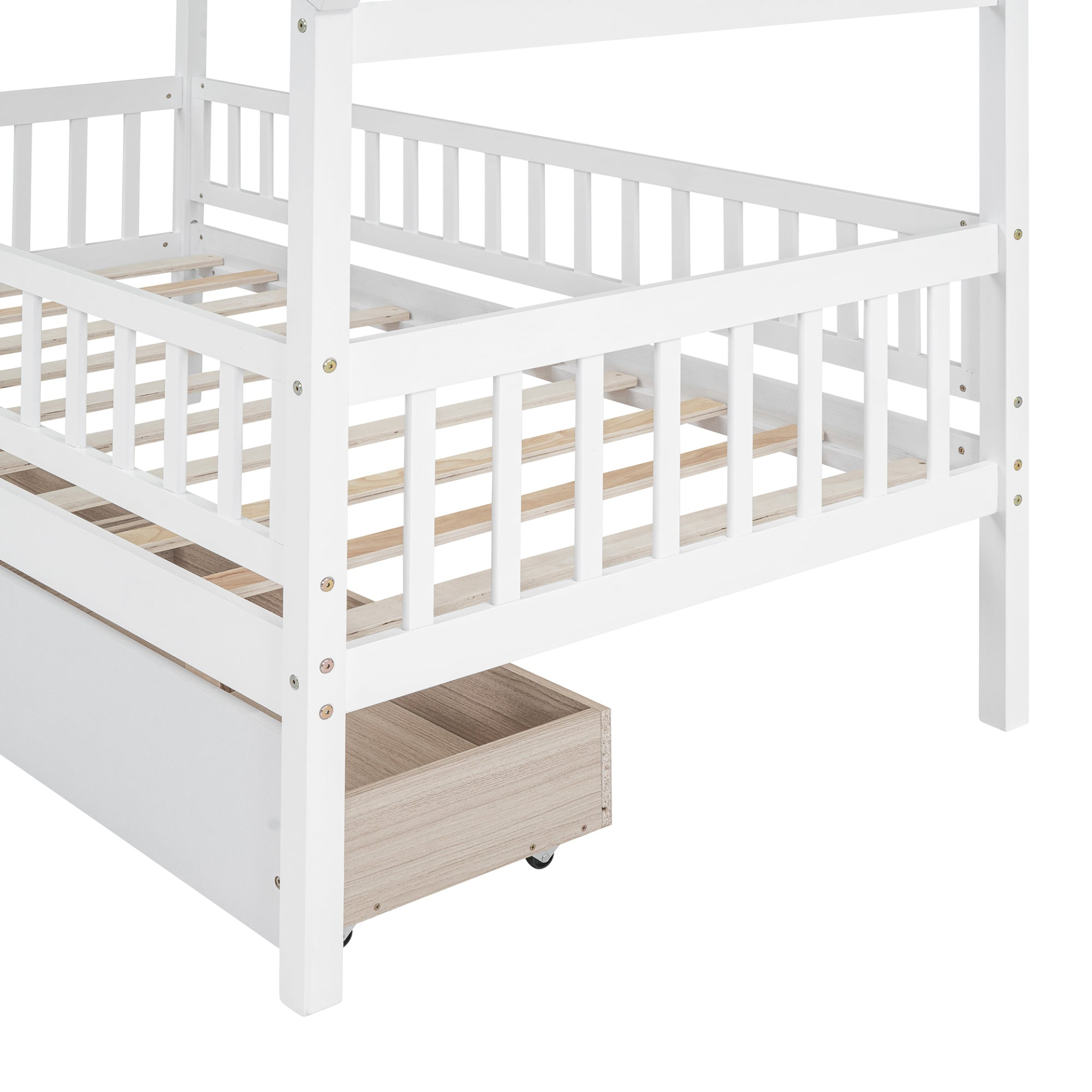 Twin size house bed frame by Start2Finish with wood construction and two storage drawers, ideal for bedroom or guest room.