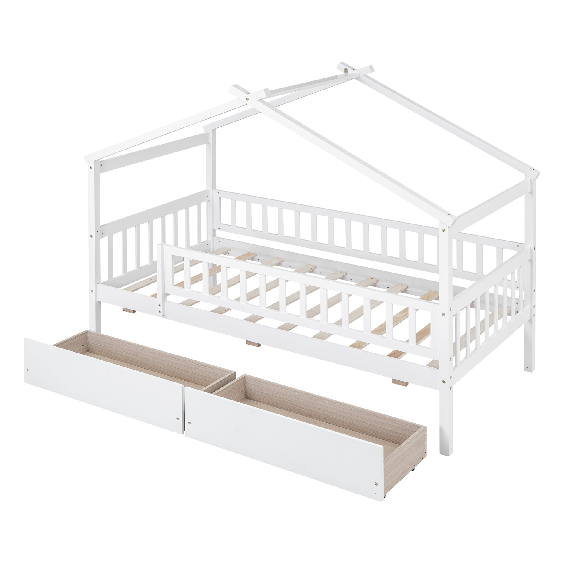 Twin size house bed frame by Start2Finish made of wood with built-in two storage drawers for bedroom or guest room use.
