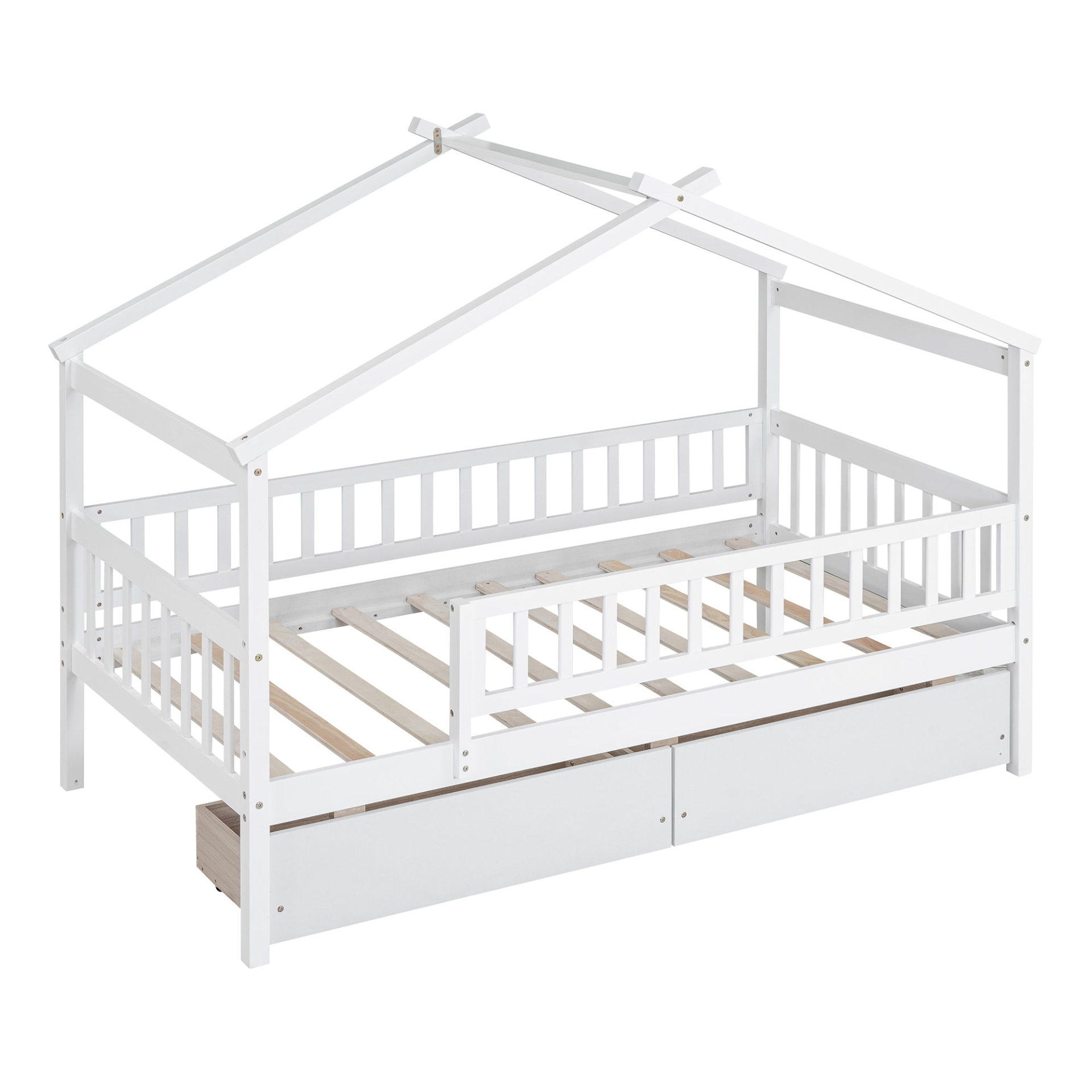 Twin size wooden house bed frame by Start2Finish with two built-in storage drawers, ideal for bedrooms or guest rooms.