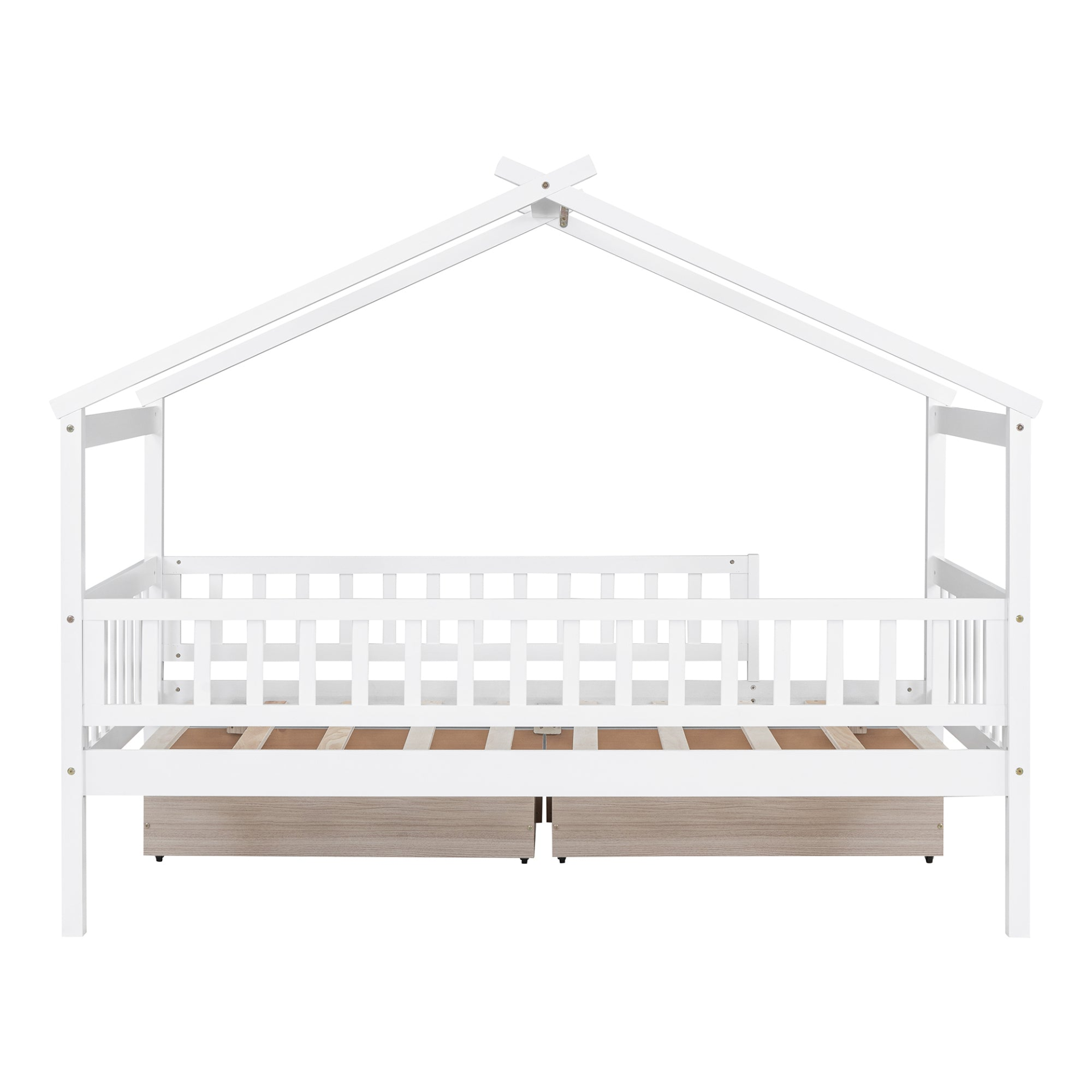 Twin size wooden house bed frame with built-in storage drawers, ideal for bedrooms or guest rooms, by Start2Finish.