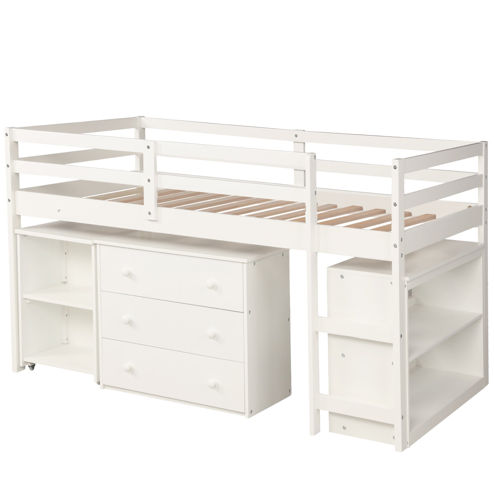 Twin size low loft bed by Start2Finish with solid wood frame, built-in cabinets, and rolling desk for bedroom or study space.